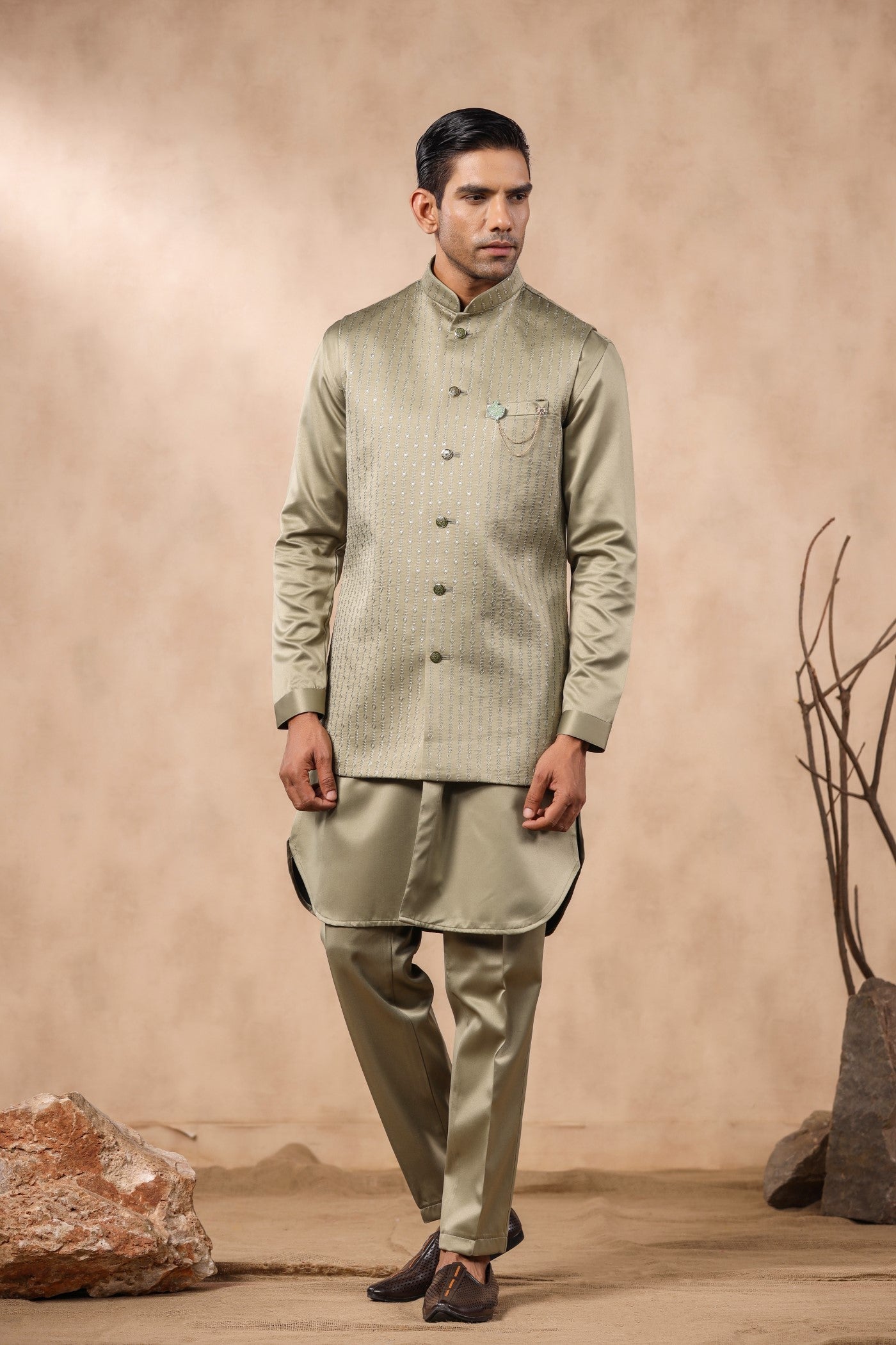 Green Color Embroidery Long Jacket Kurta