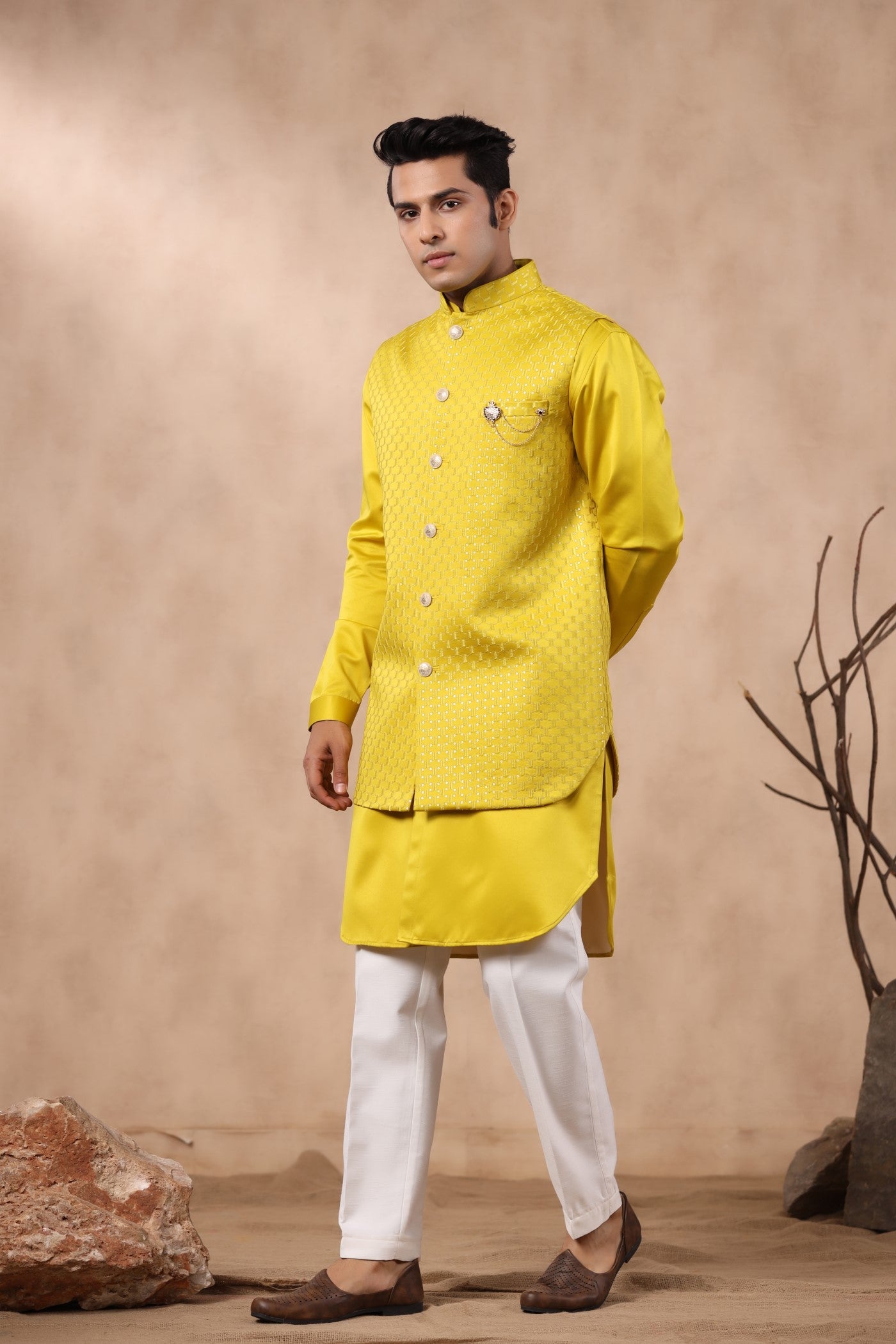 Yellow Color Embroidery Long Jacket Kurta