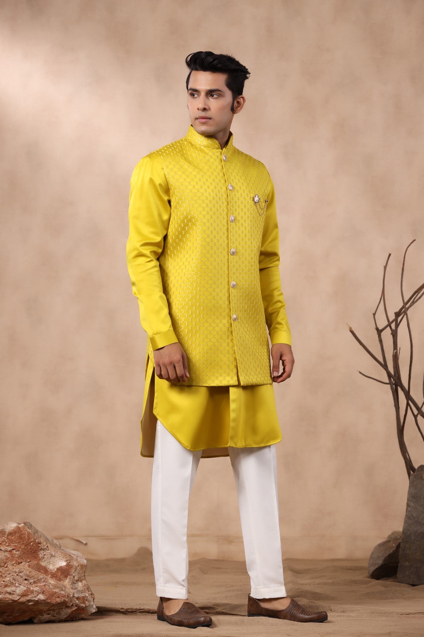 Yellow Color Embroidery Long Jacket Kurta