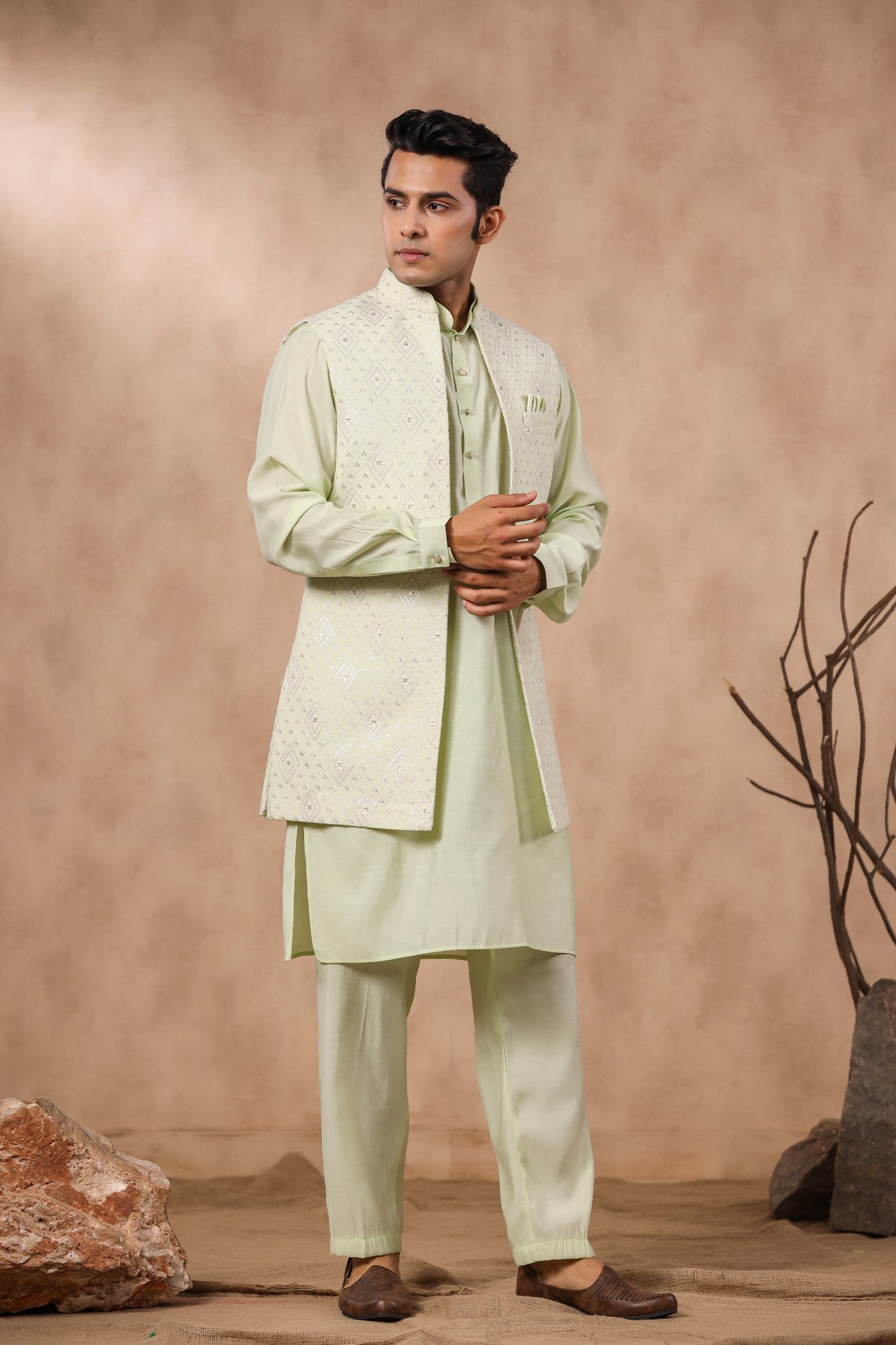 S Green Color Embroidery Long Jacket Kurta