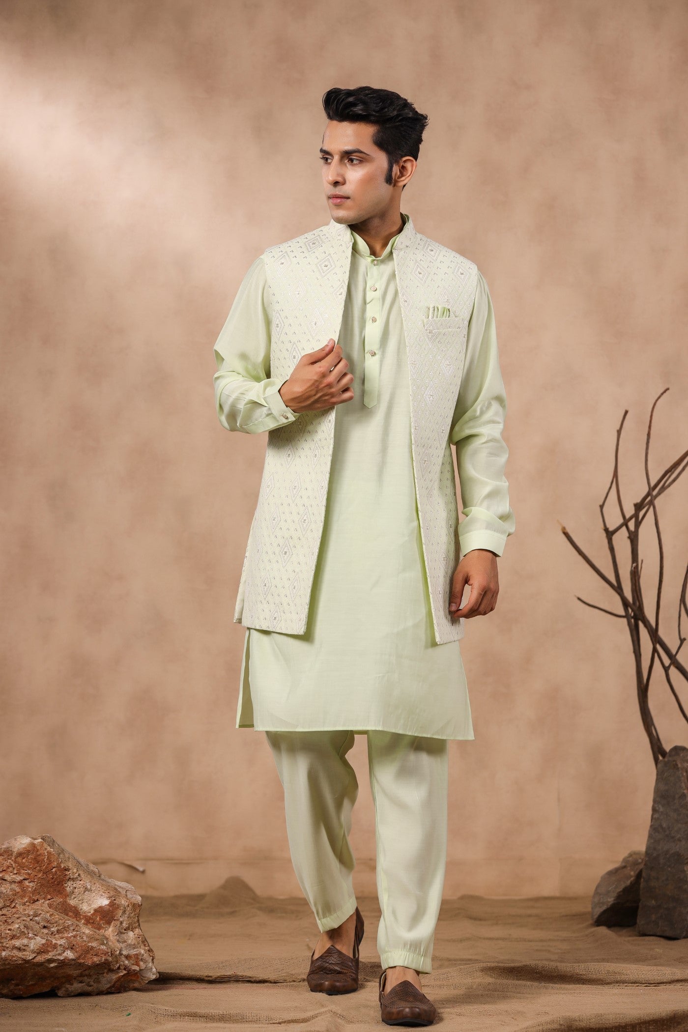 S Green Color Embroidery Long Jacket Kurta