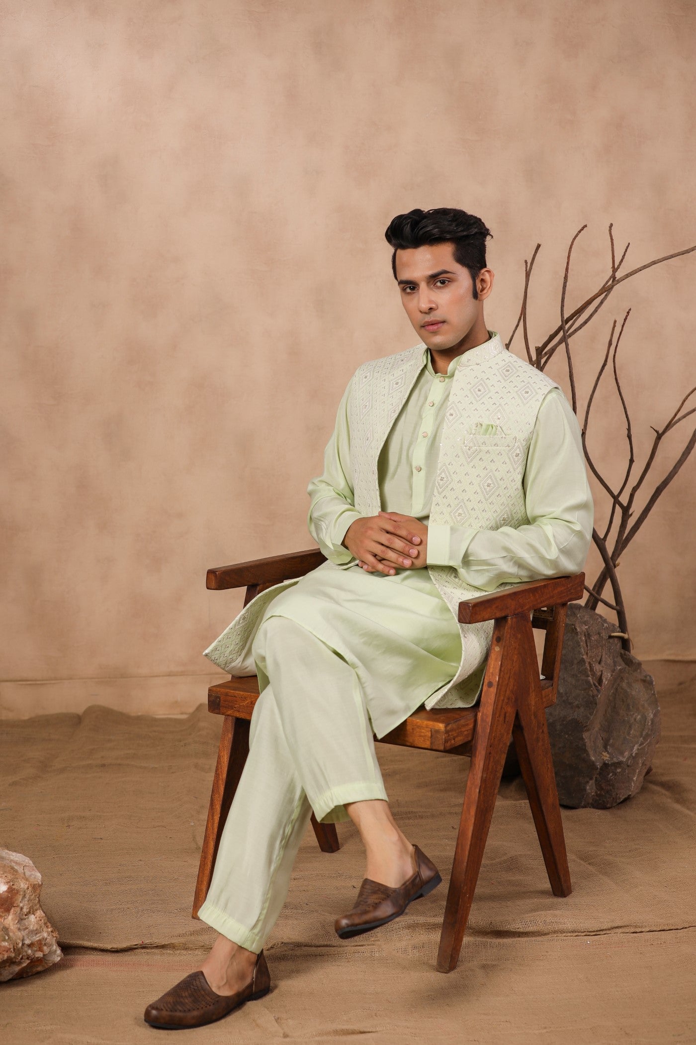 S Green Color Embroidery Long Jacket Kurta