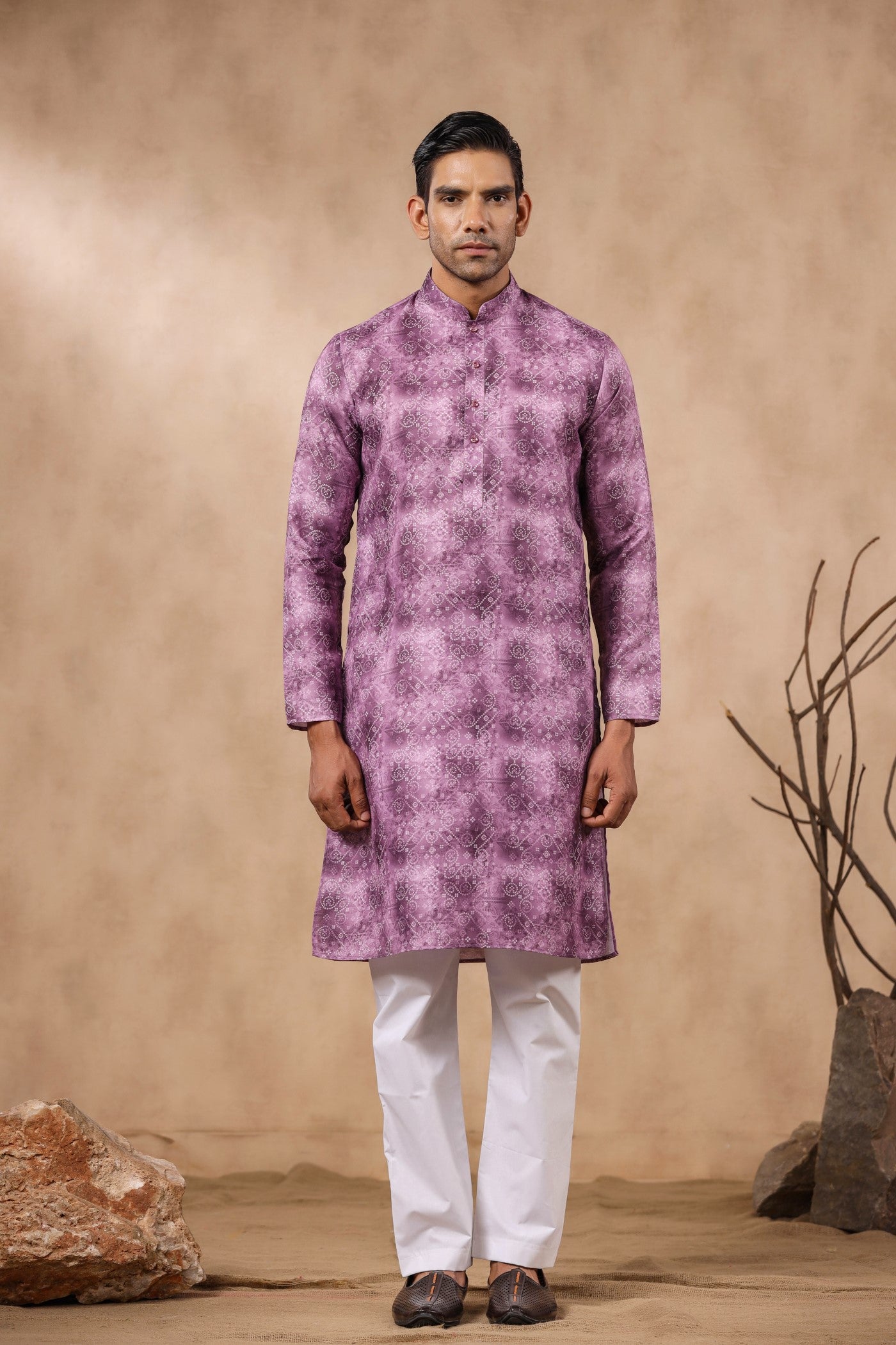 Lavender Color Cotton Kurta Pajama For Men - Main Image