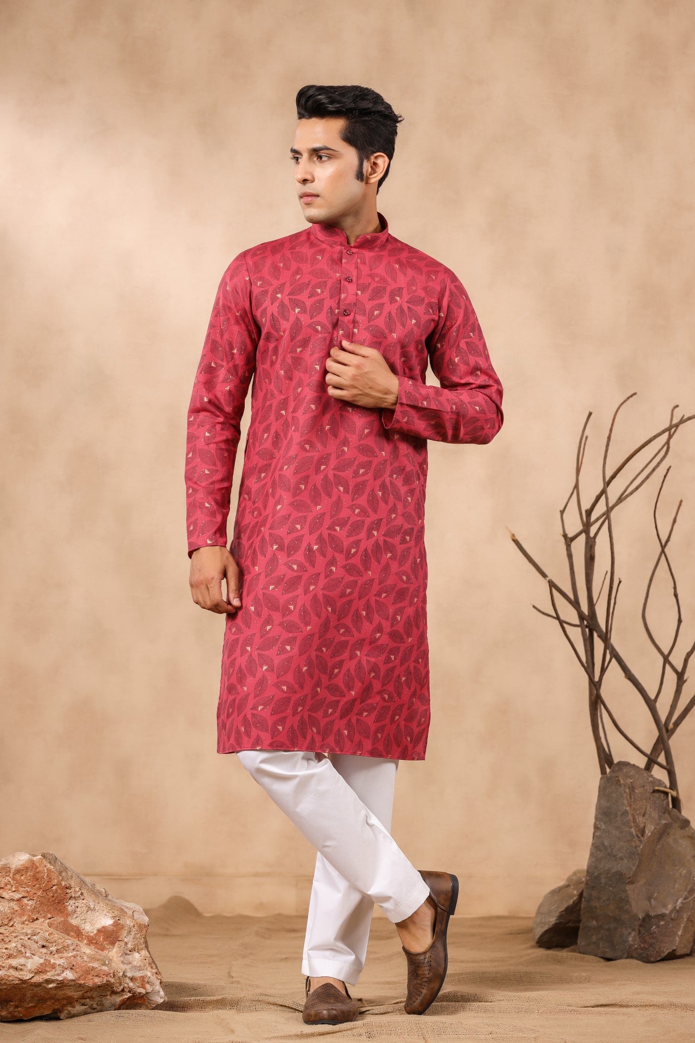 Onion Color Printed Cotton Kurta Pajama For Men