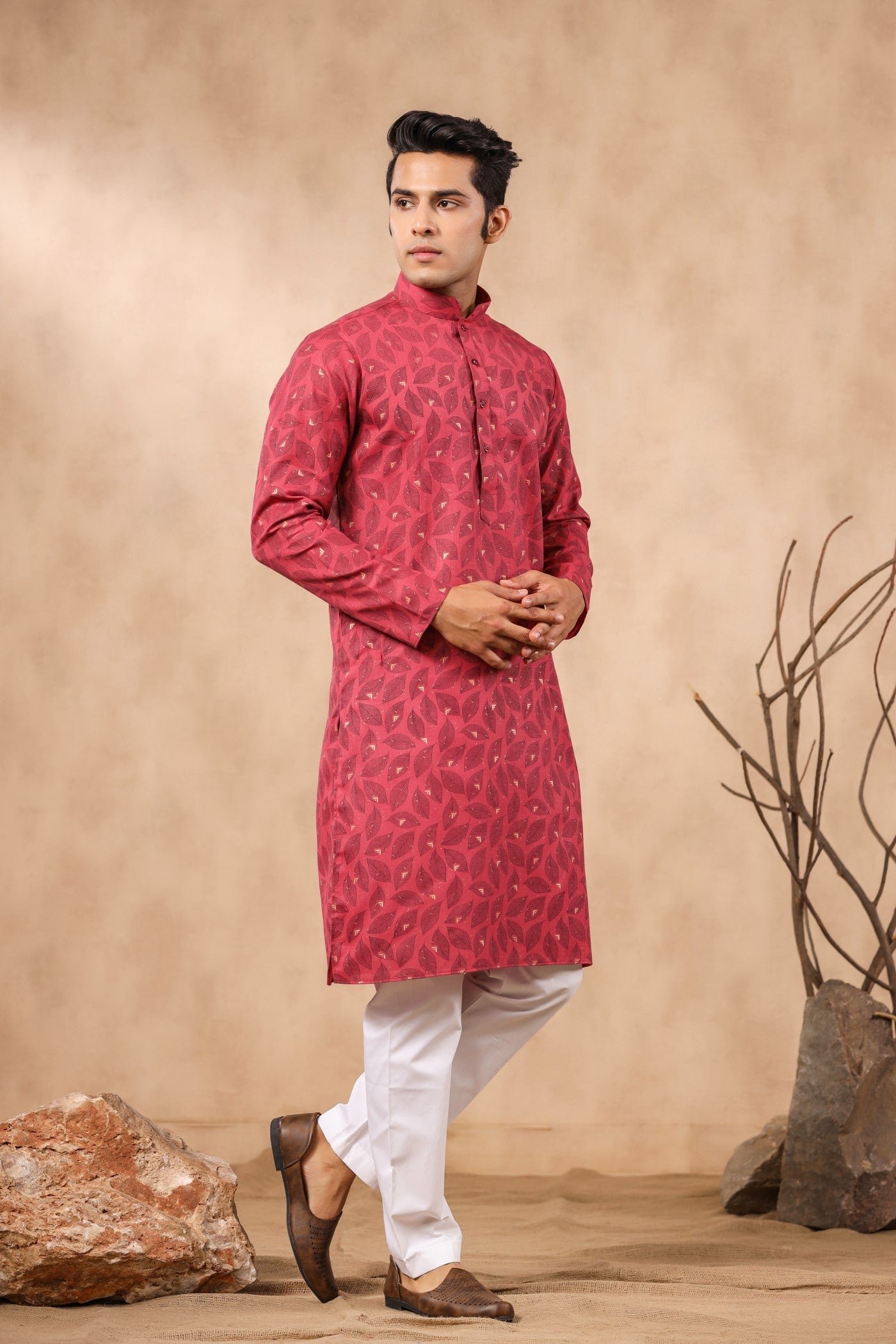 Onion Color Printed Cotton Kurta Pajama For Men