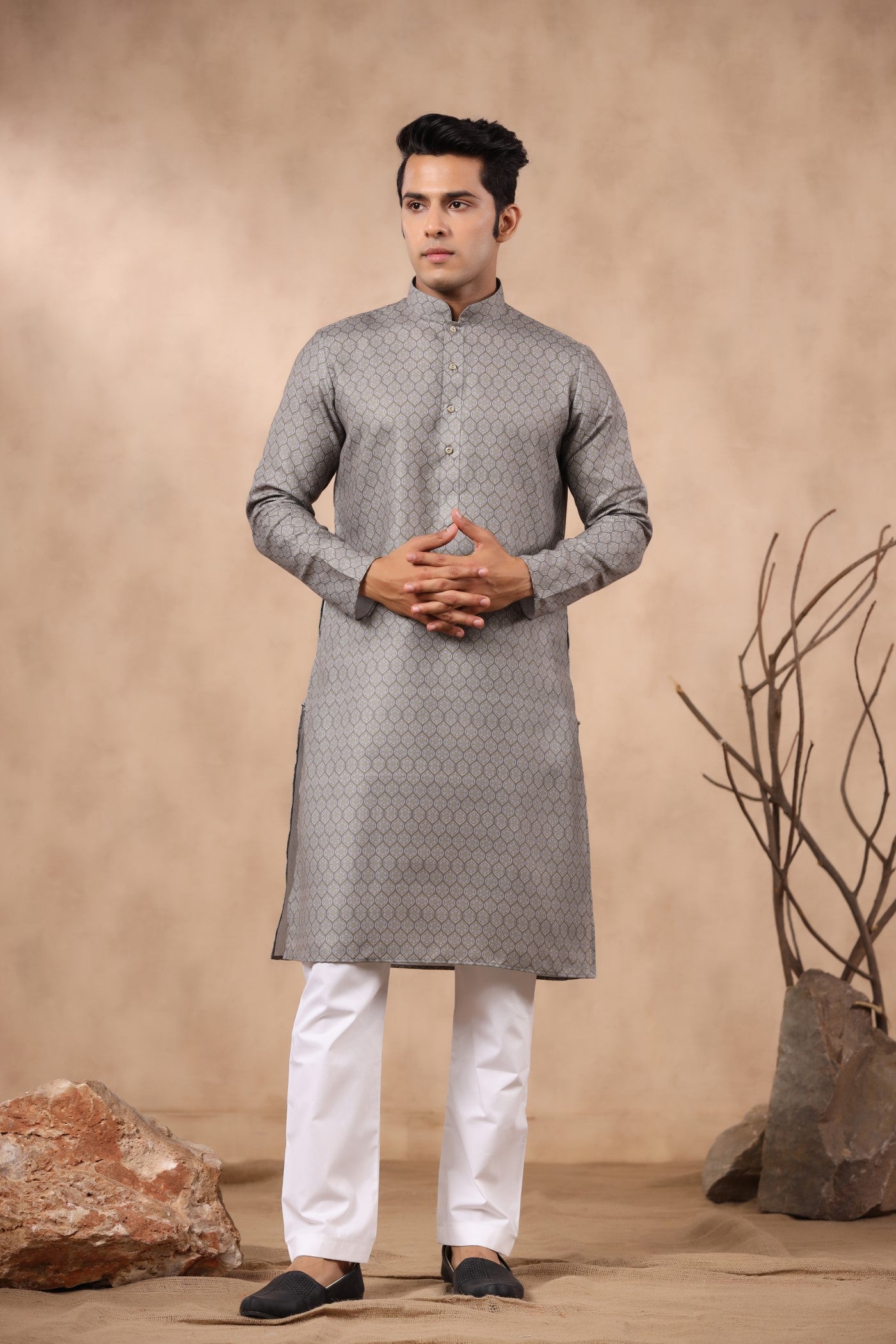 D Grey Color Printed Kurta Pajama Set For Men