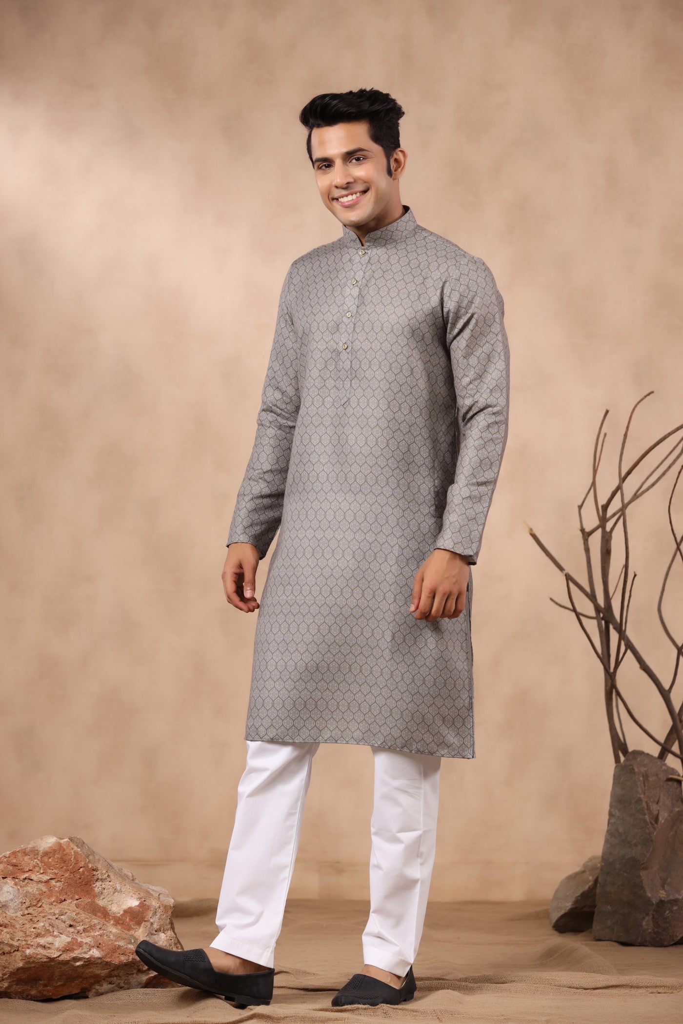 D Grey Color Printed Kurta Pajama Set For Men