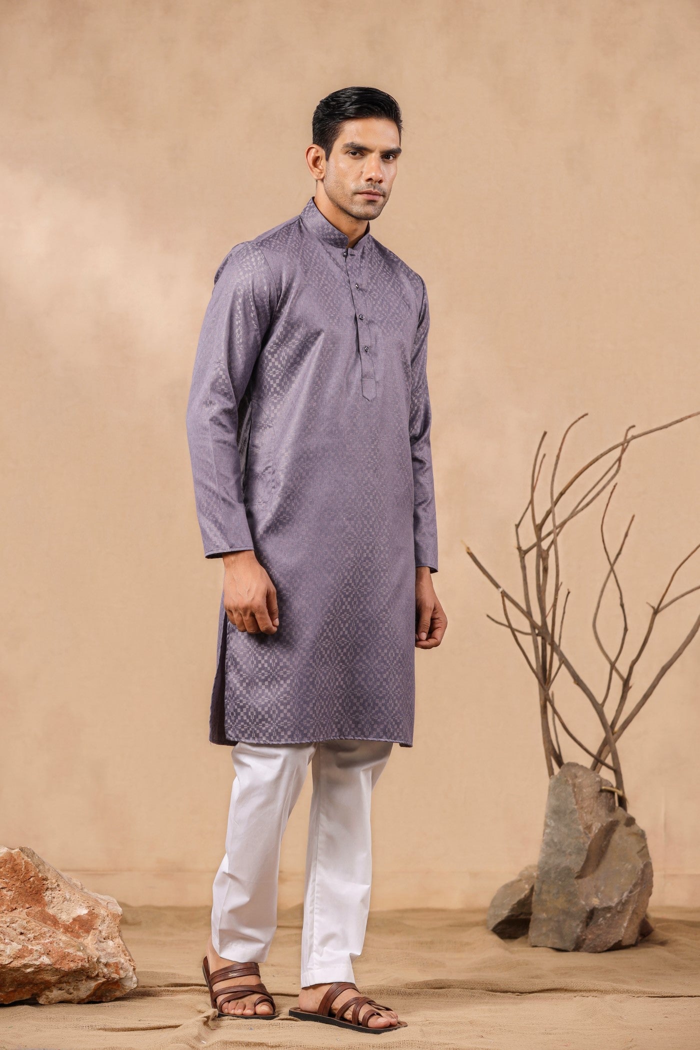 Grey Color Printed Kurta Pajama
