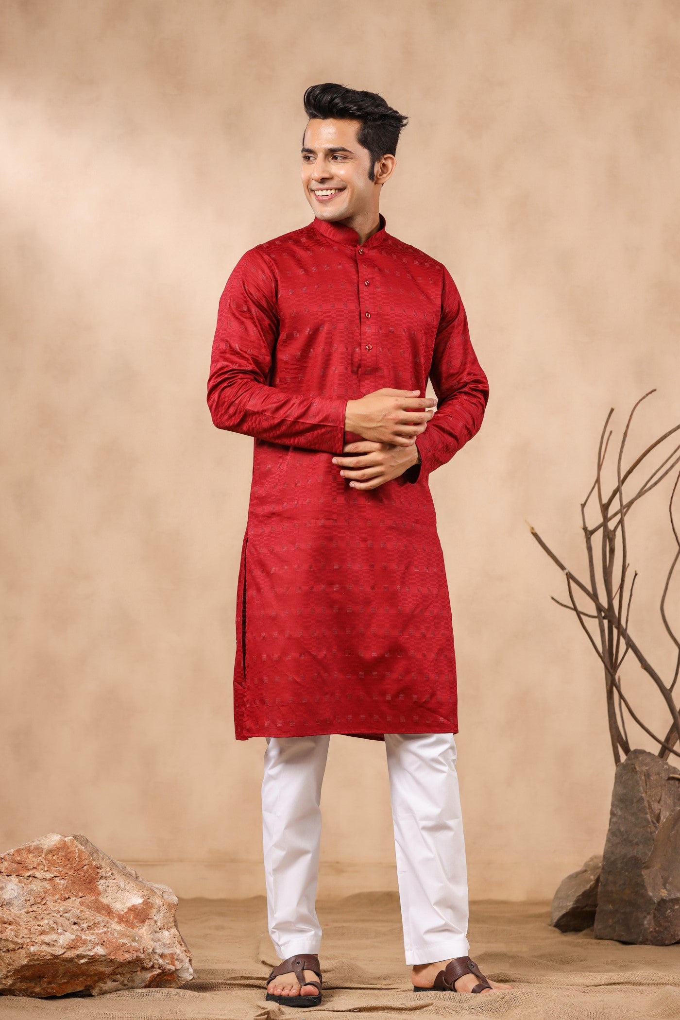 Mehroon Color Jacquard Kurta Pajama For Men