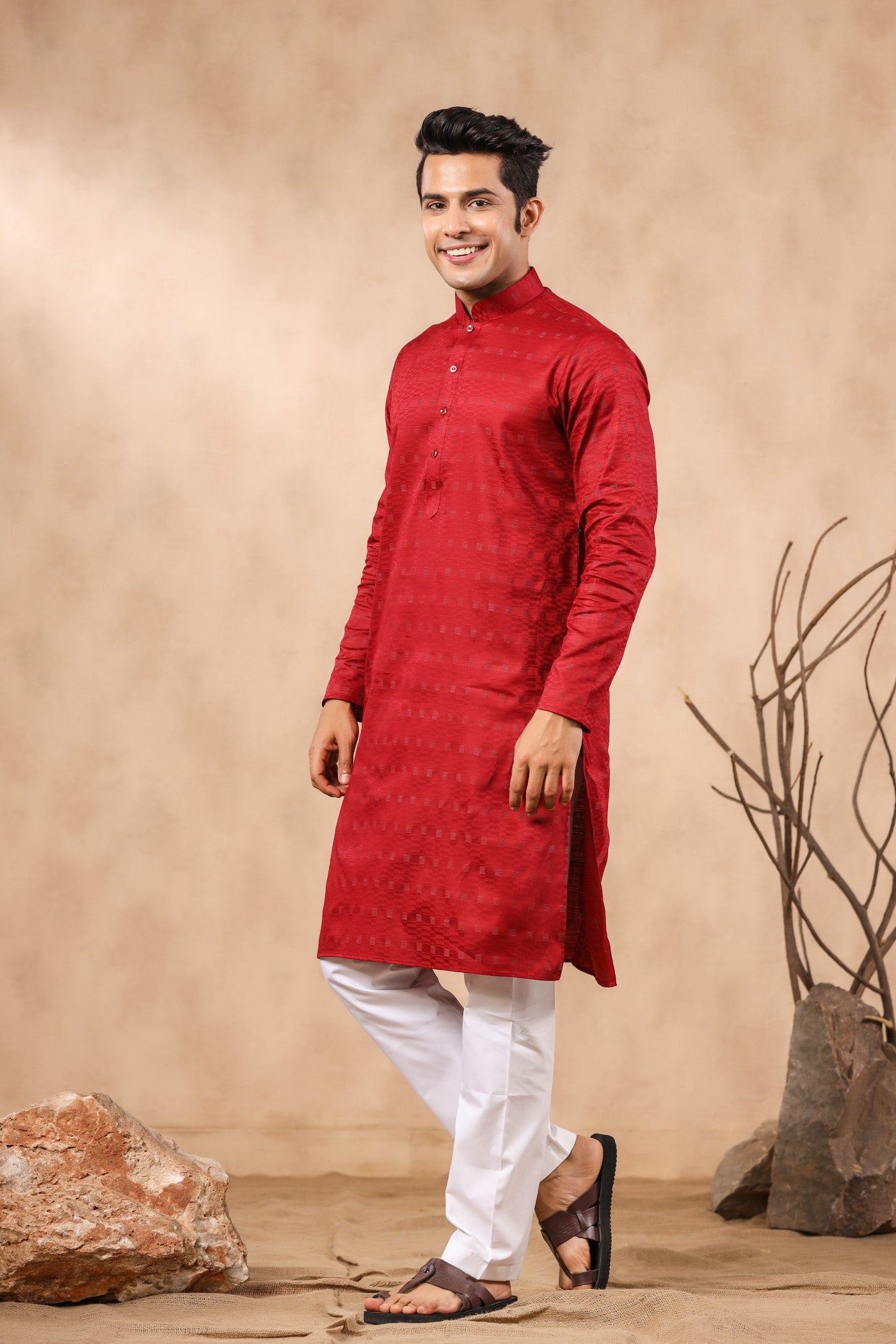 Mehroon Color Jacquard Kurta Pajama For Men