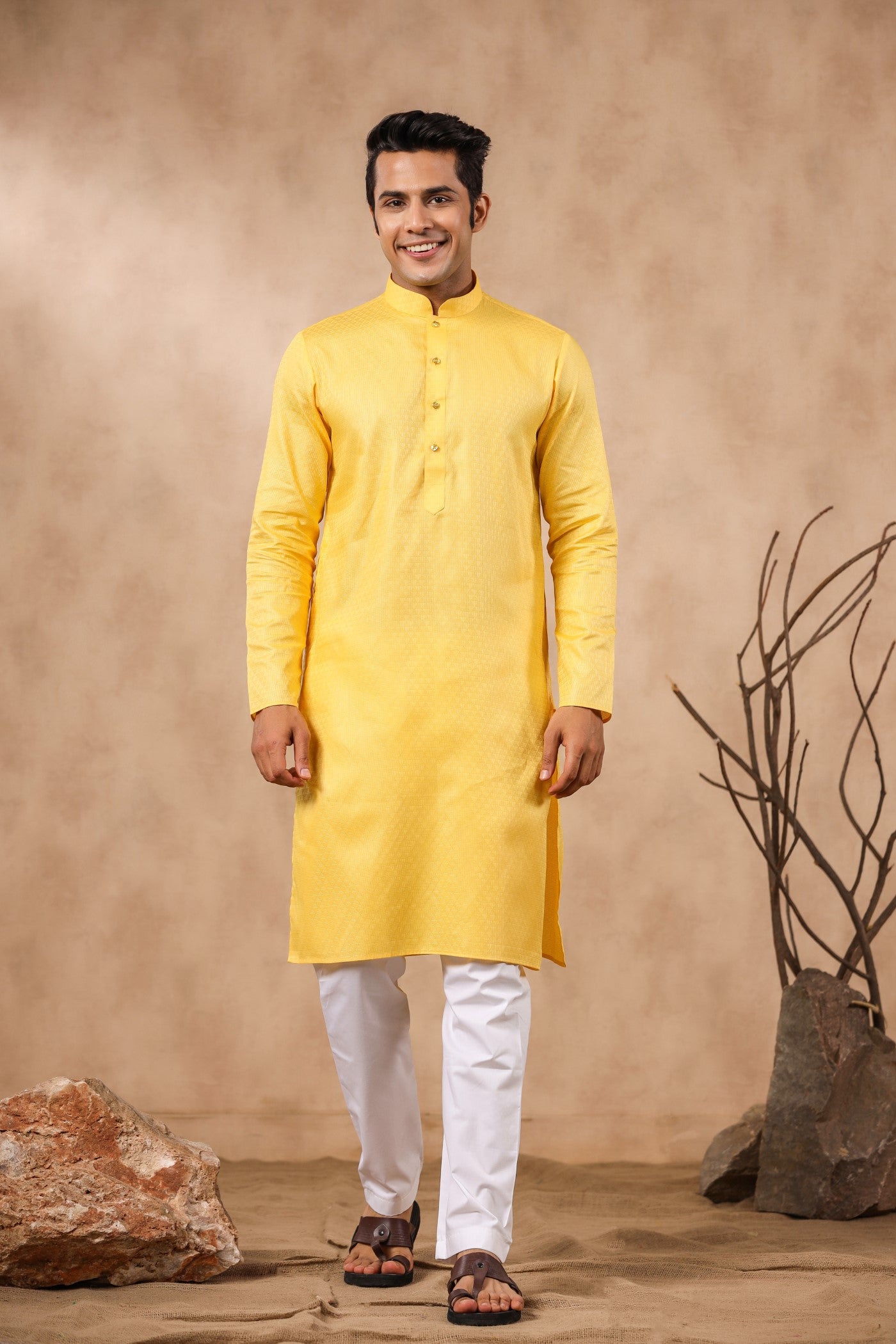 Yellow Color Plain Kurta Pajama For Men