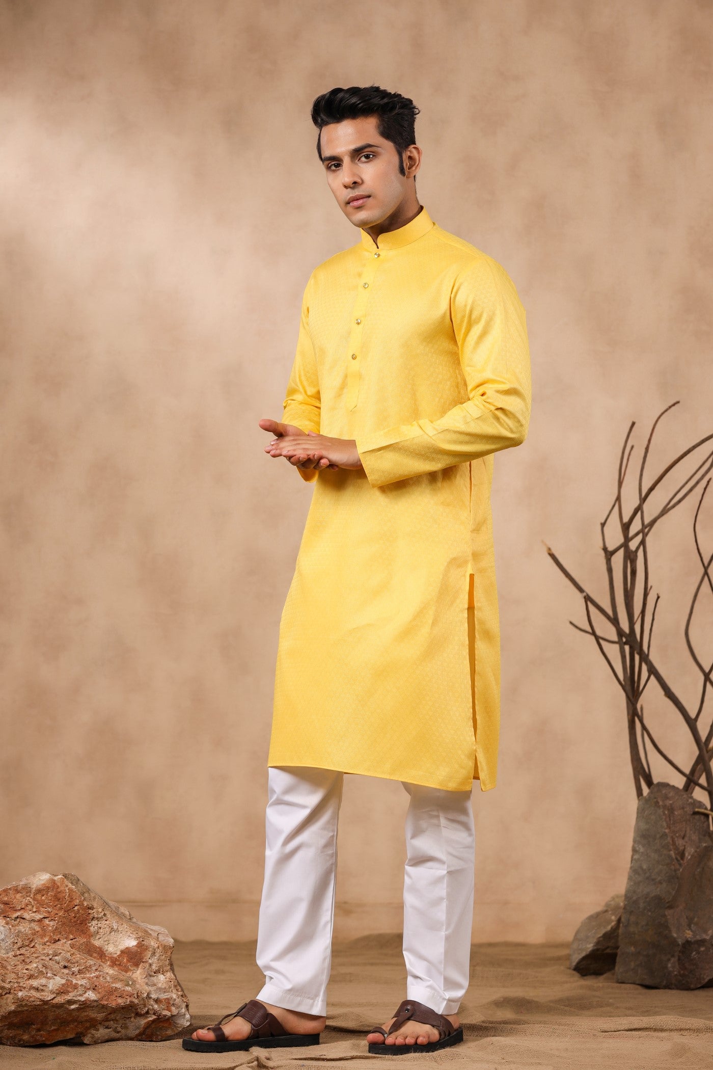 Yellow Color Plain Kurta Pajama For Men