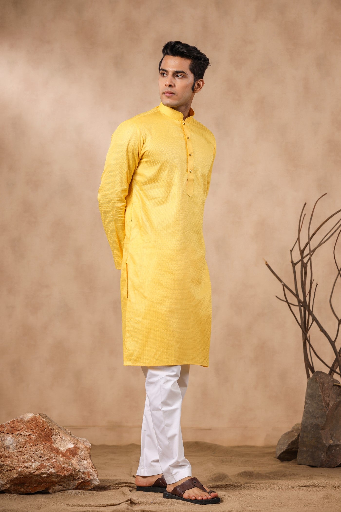 Yellow Color Plain Kurta Pajama For Men