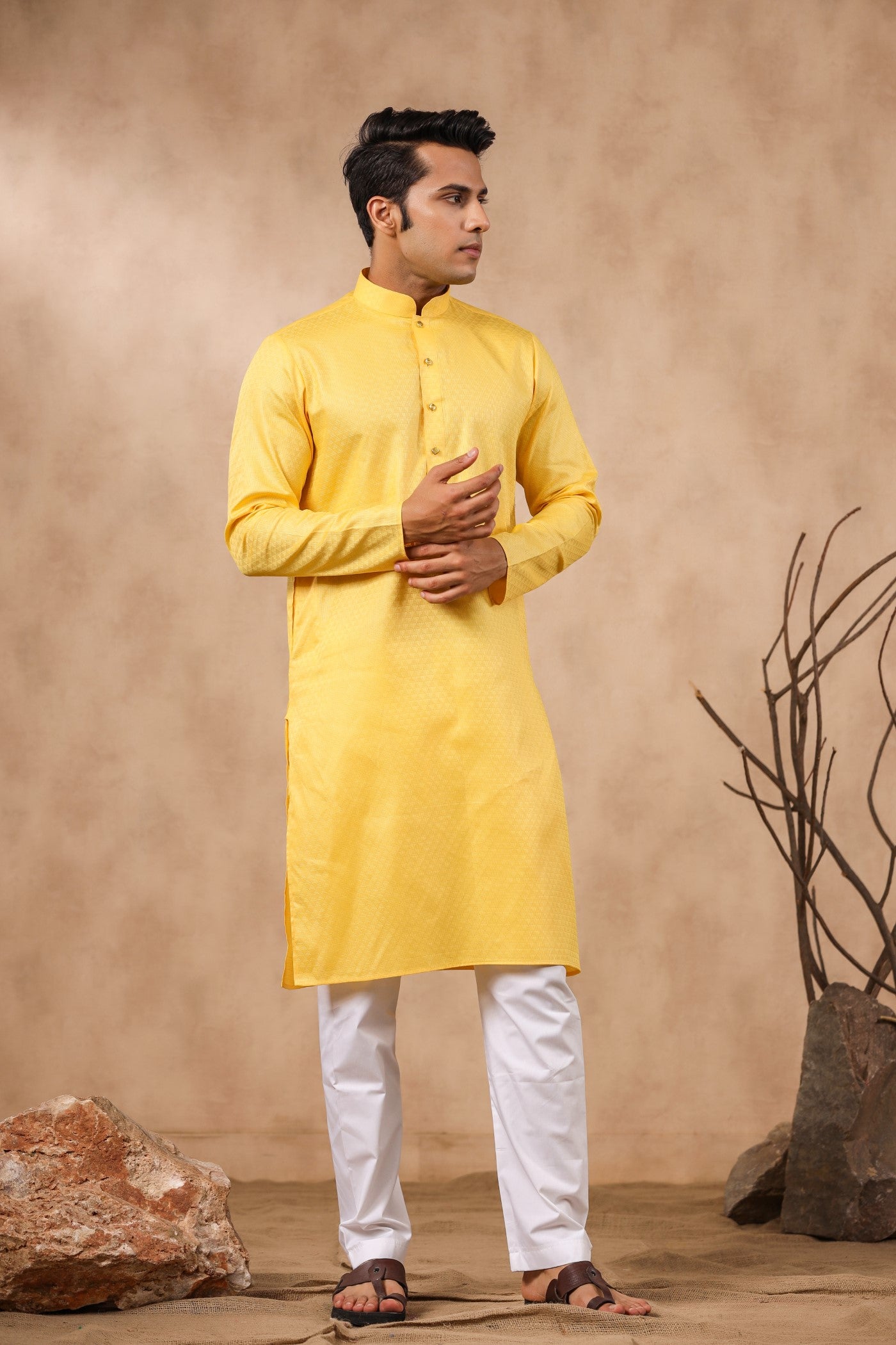 Yellow Color Plain Kurta Pajama For Men