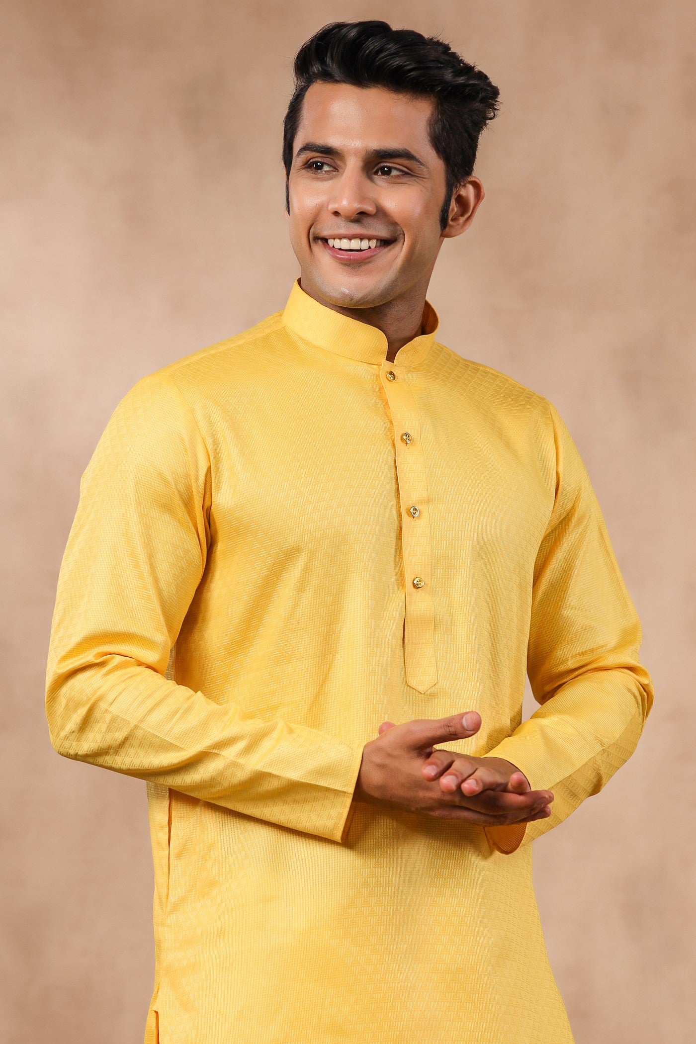 Yellow Color Plain Kurta Pajama For Men