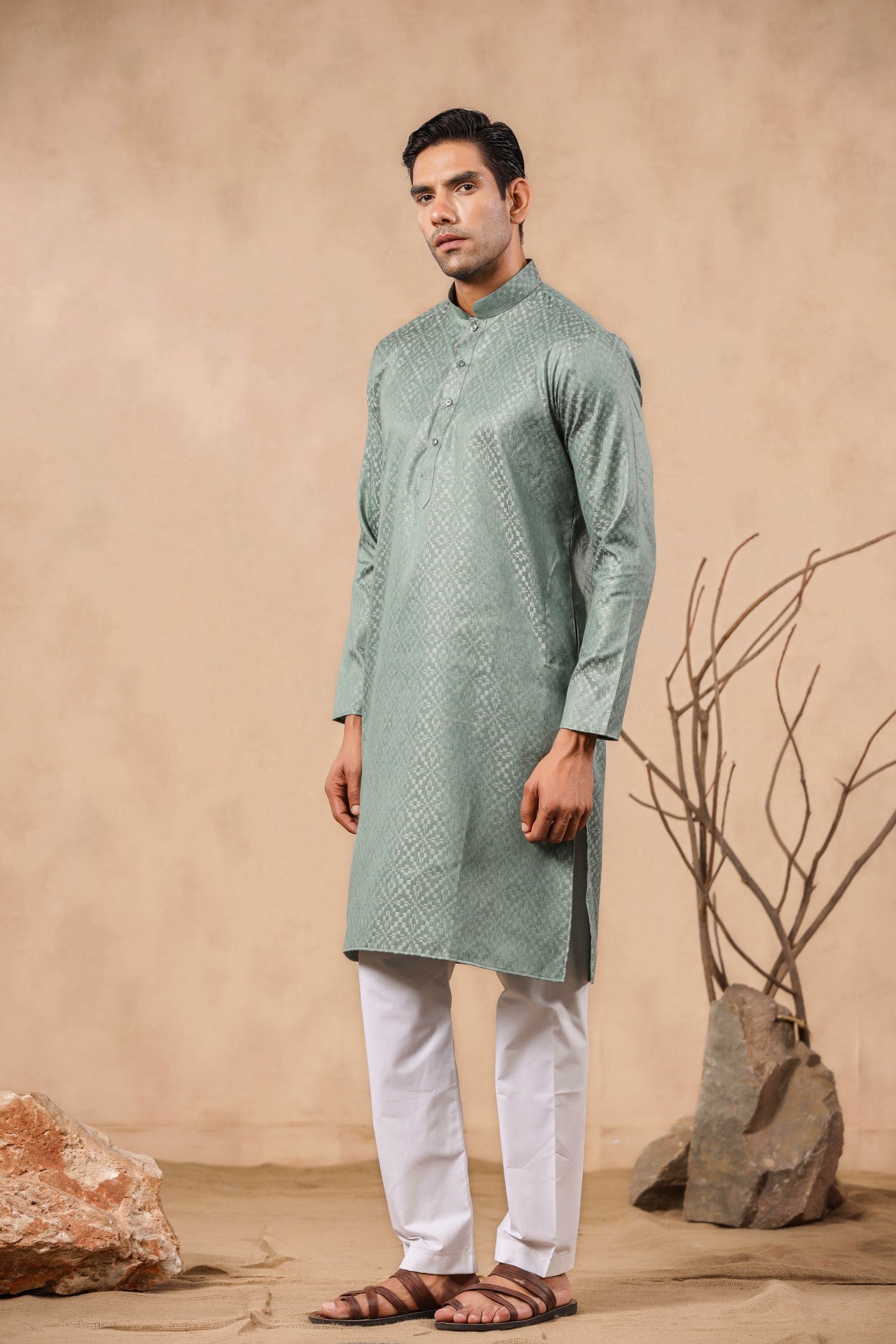 Pista Color Kurta Pajama For Men