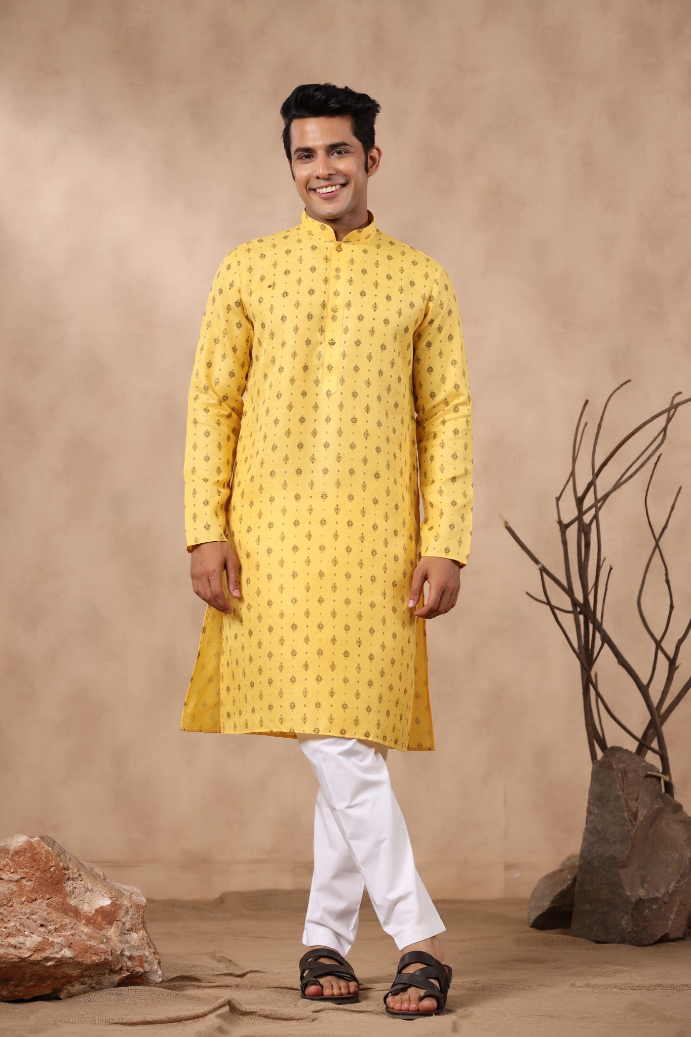 Yellow Color Cotton Kurta Pajama For Men
