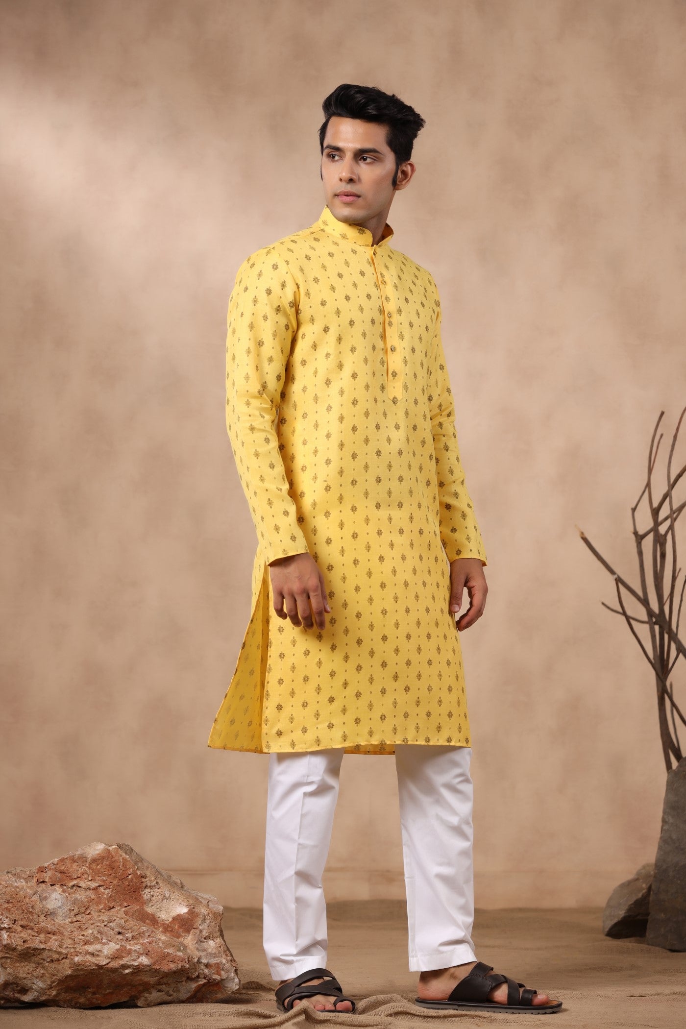 Yellow Color Cotton Kurta Pajama For Men