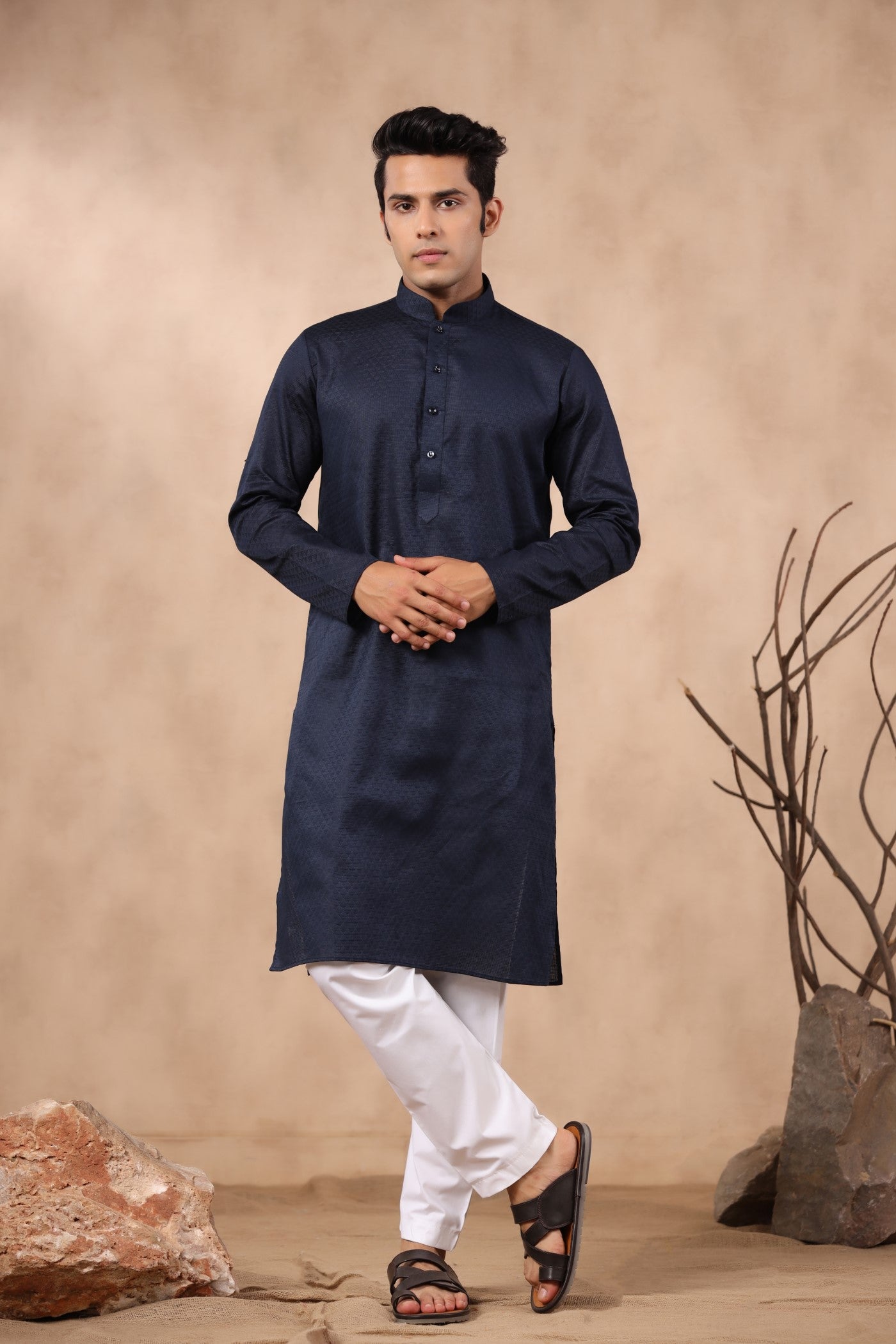 Navy Color Plain Kurta Pajama For Men