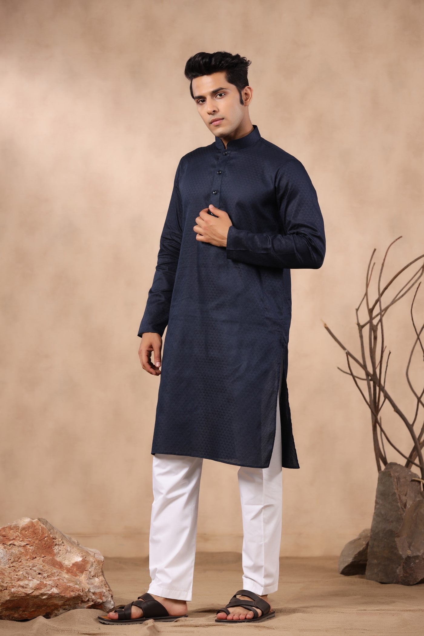 Navy Color Plain Kurta Pajama For Men