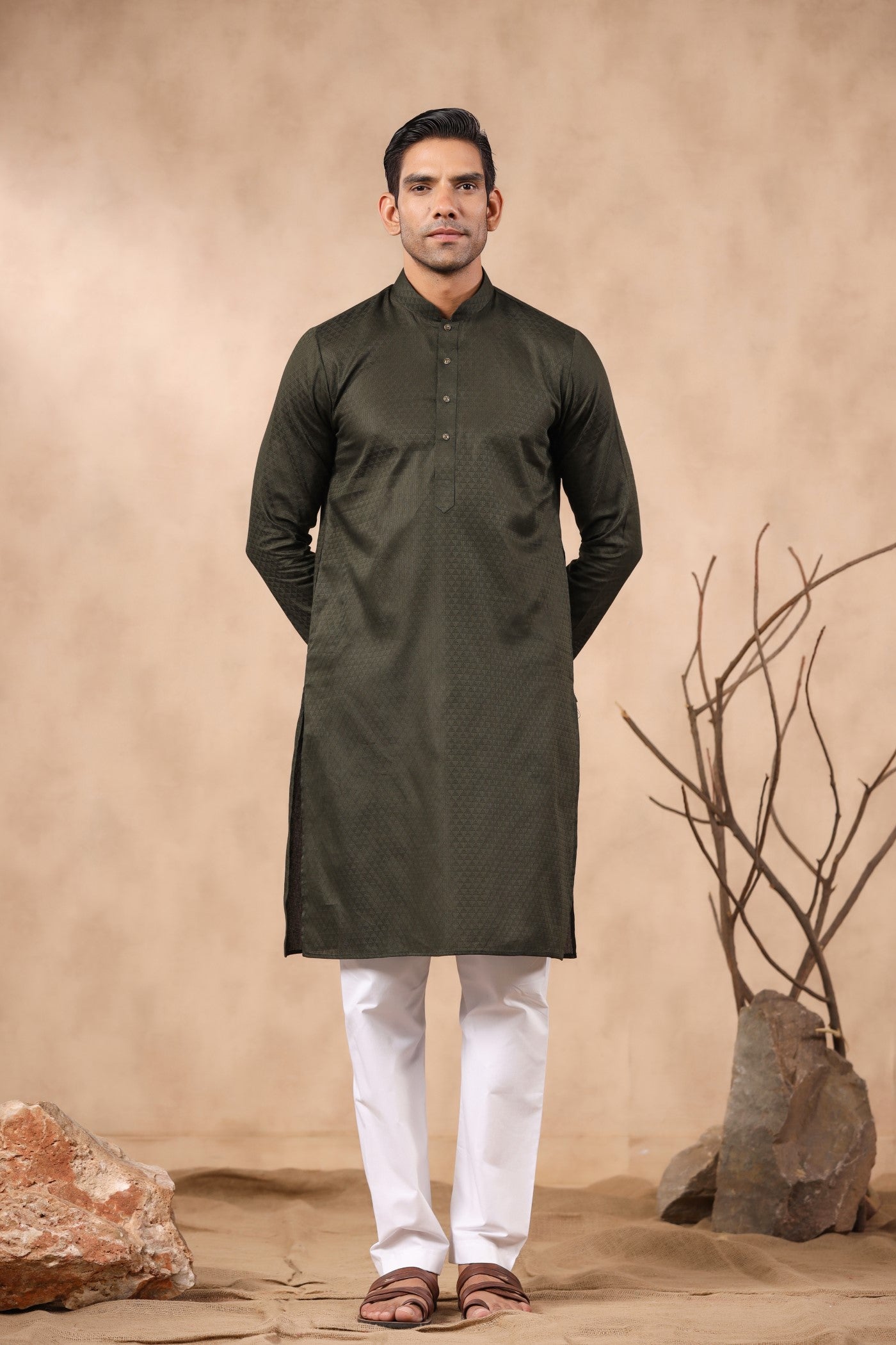 B Green Plain Kurta Pajama For Men