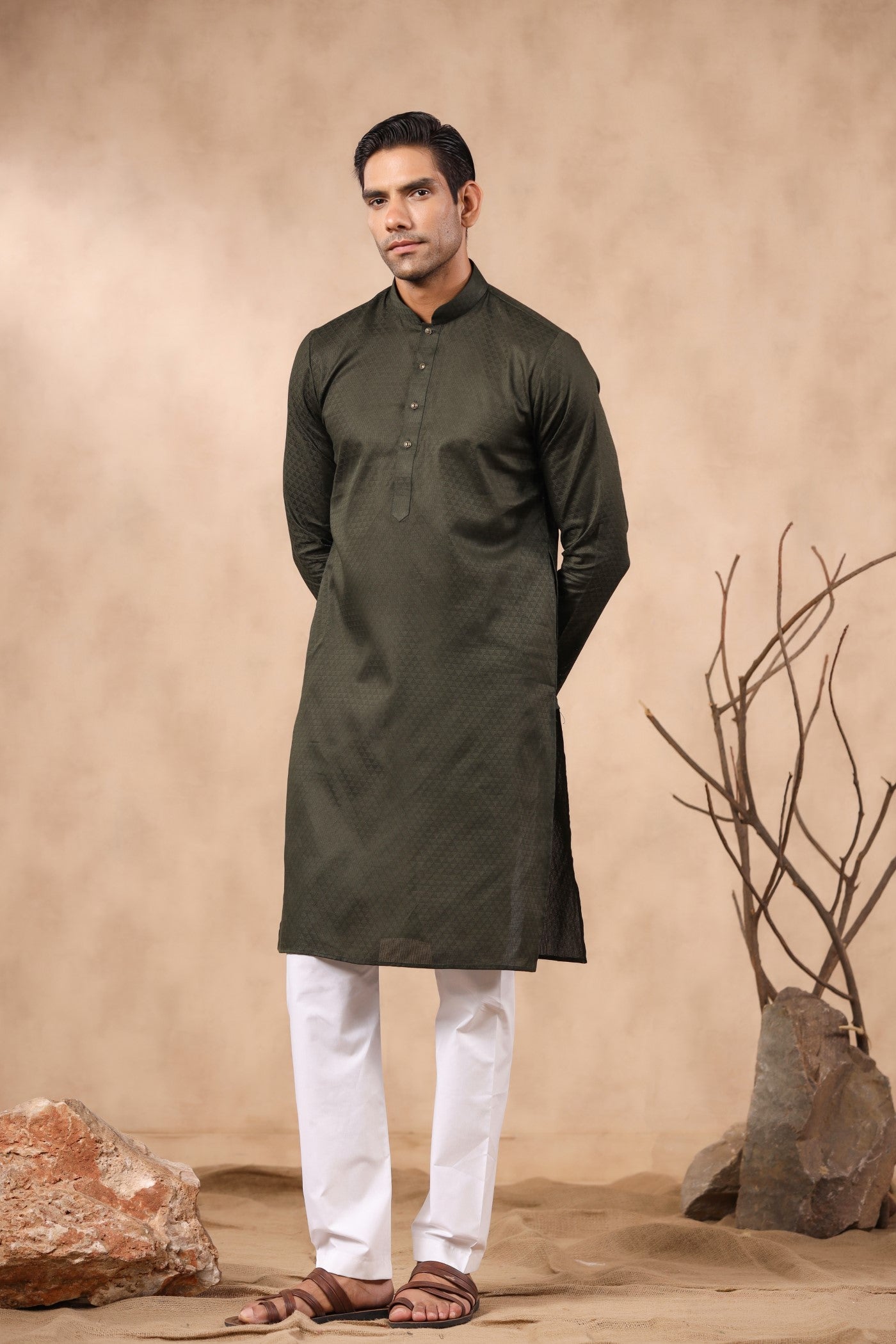 B Green Plain Kurta Pajama For Men