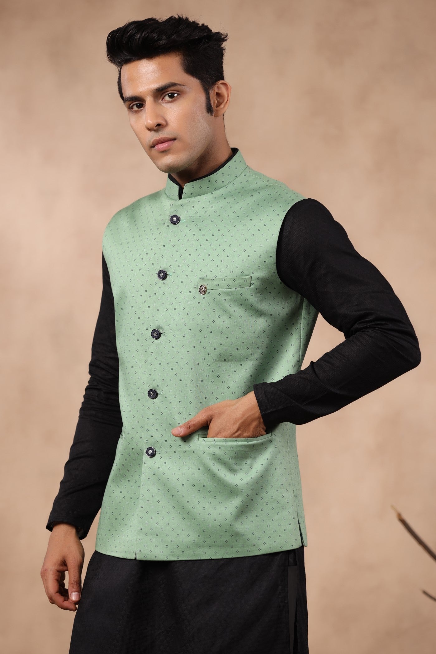 Green Color Waist Coat For Men