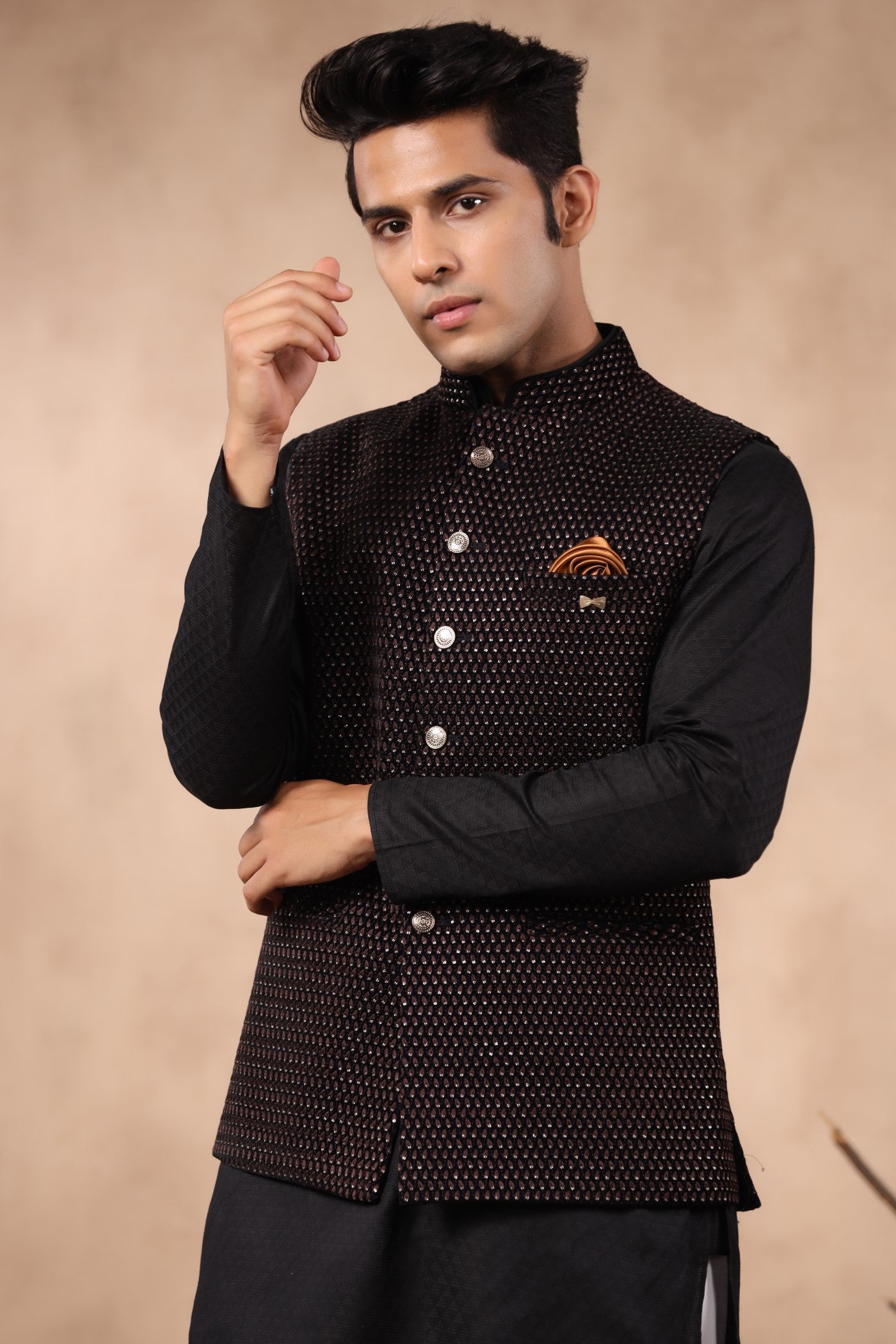 Brown Color Embroidery Velvet Waist Coat For Wedding
