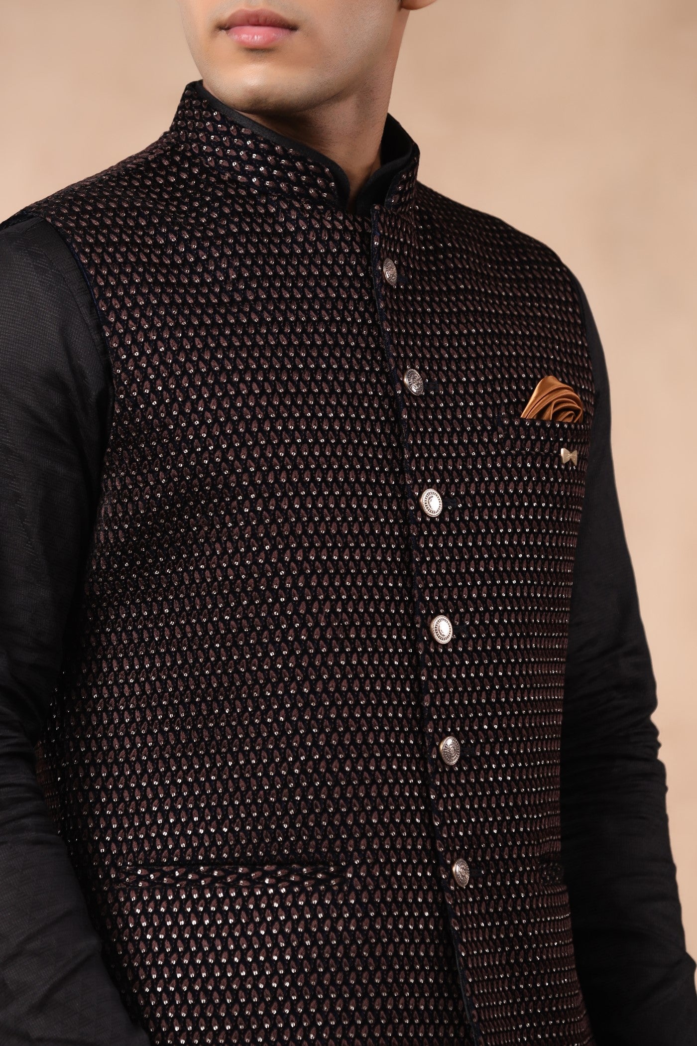 Brown Color Embroidery Velvet Waist Coat For Wedding