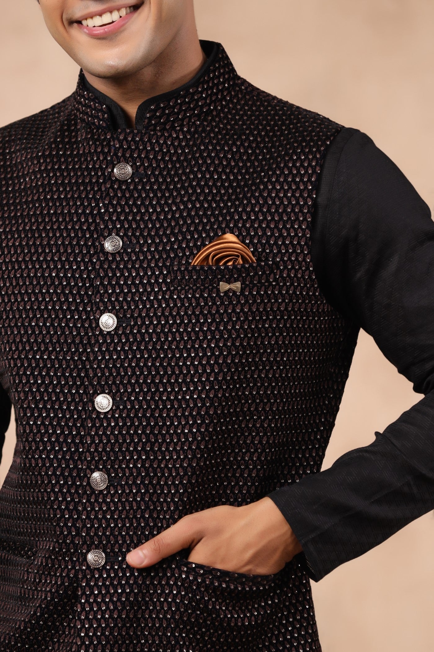 Brown Color Embroidery Velvet Waist Coat For Wedding