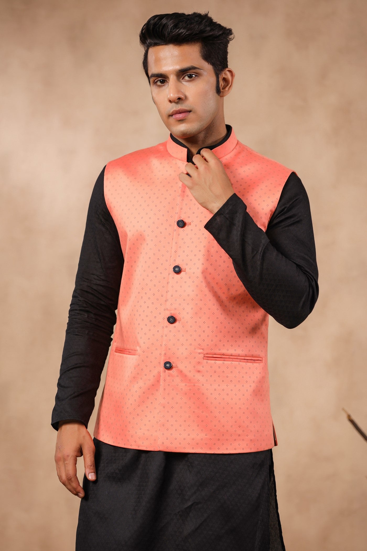 Pink Color Print Waist Coat For Men