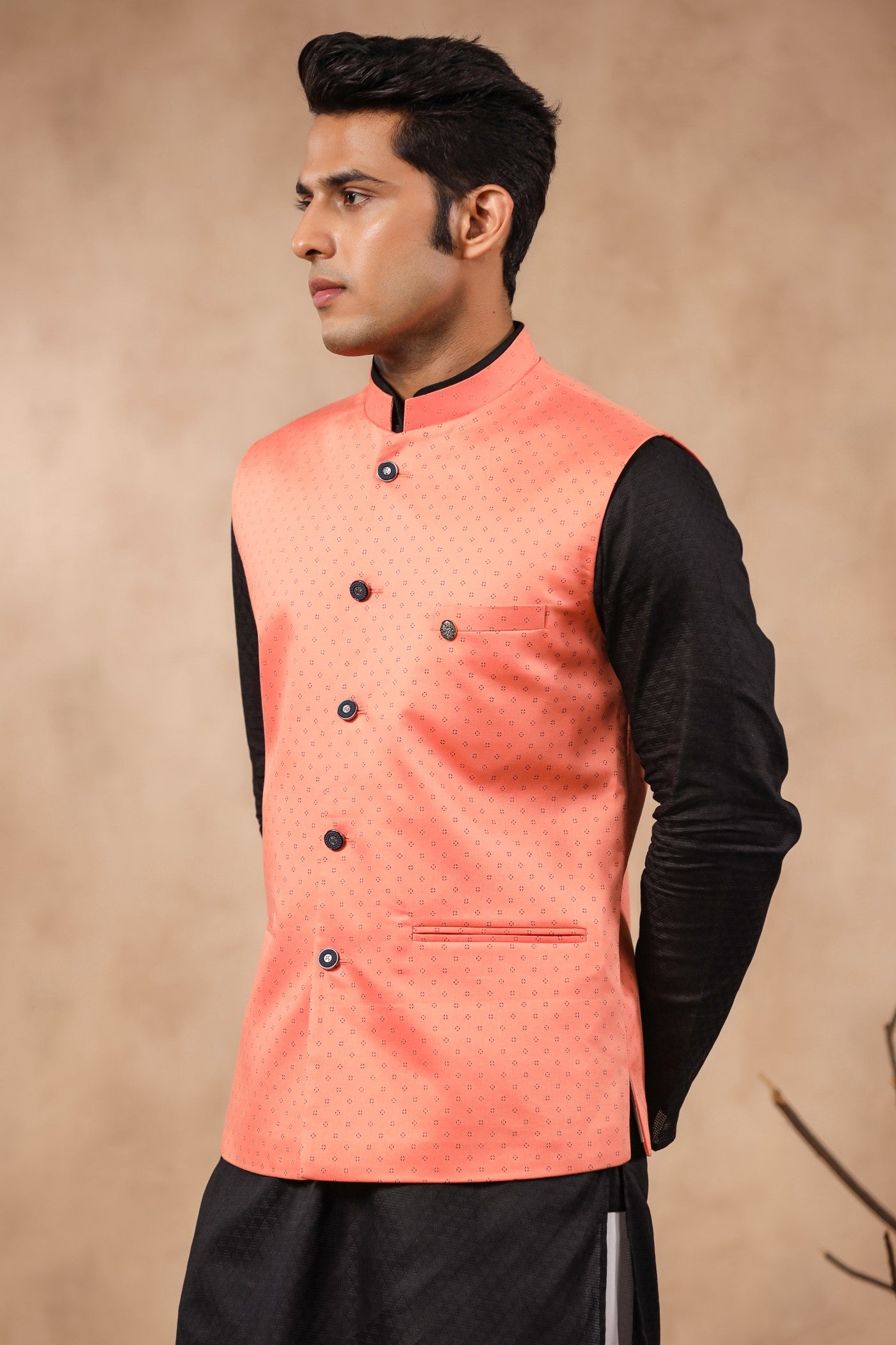 Pink Color Print Waist Coat For Men