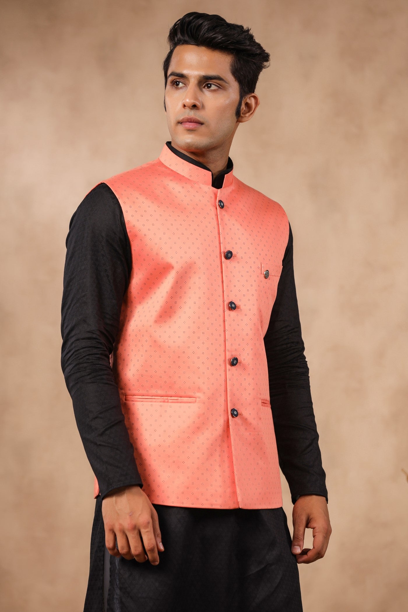 Pink Color Print Waist Coat For Men