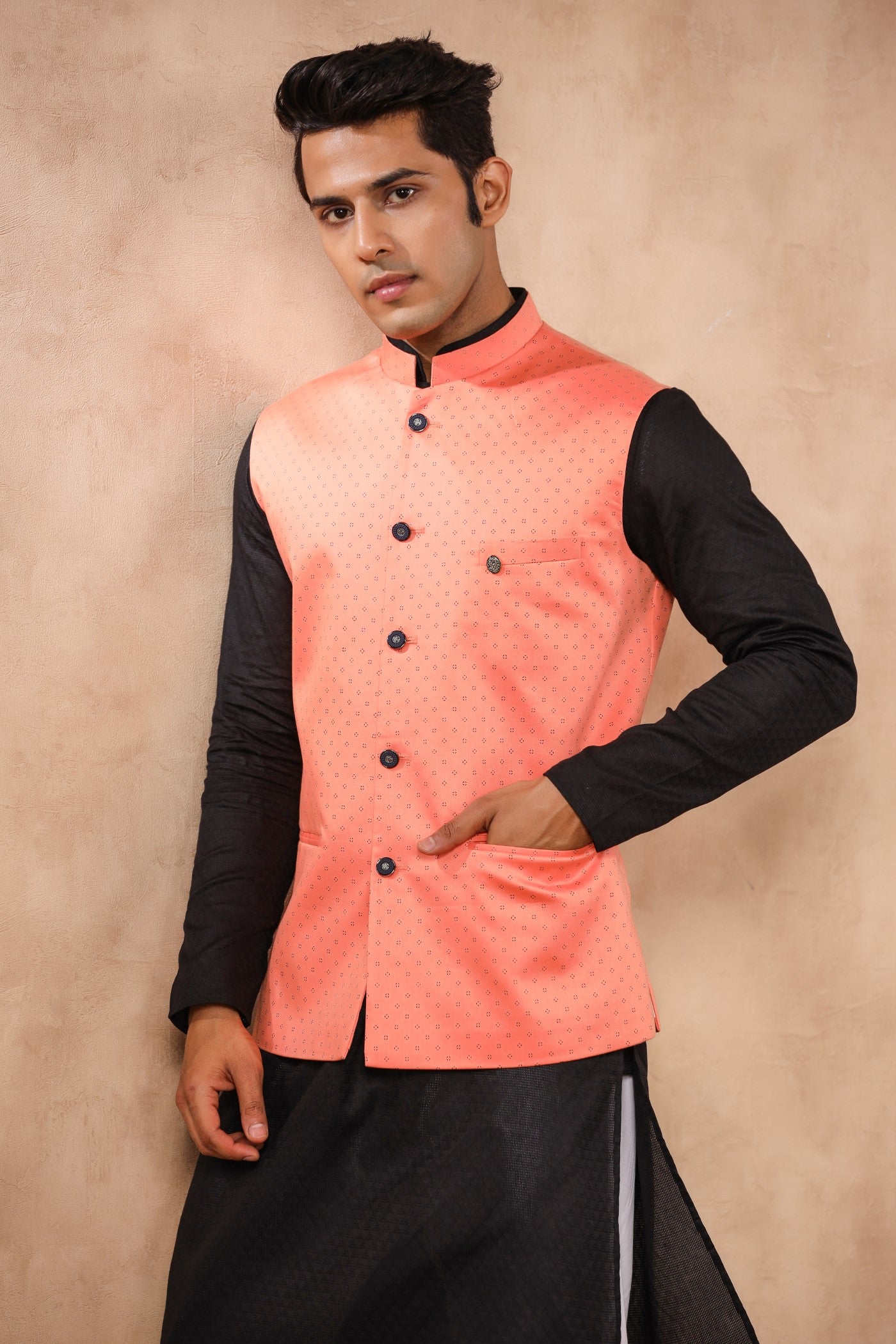 Pink Color Print Waist Coat For Men