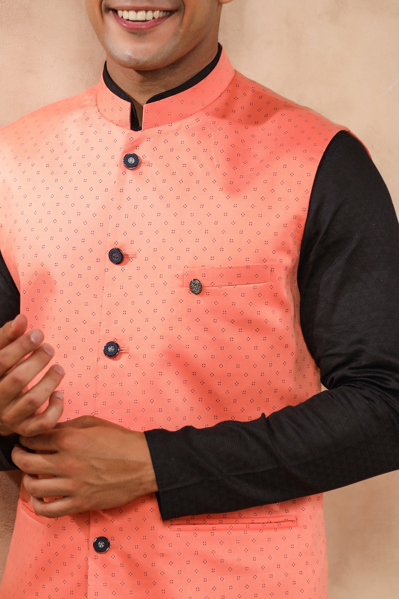 Pink Color Print Waist Coat For Men