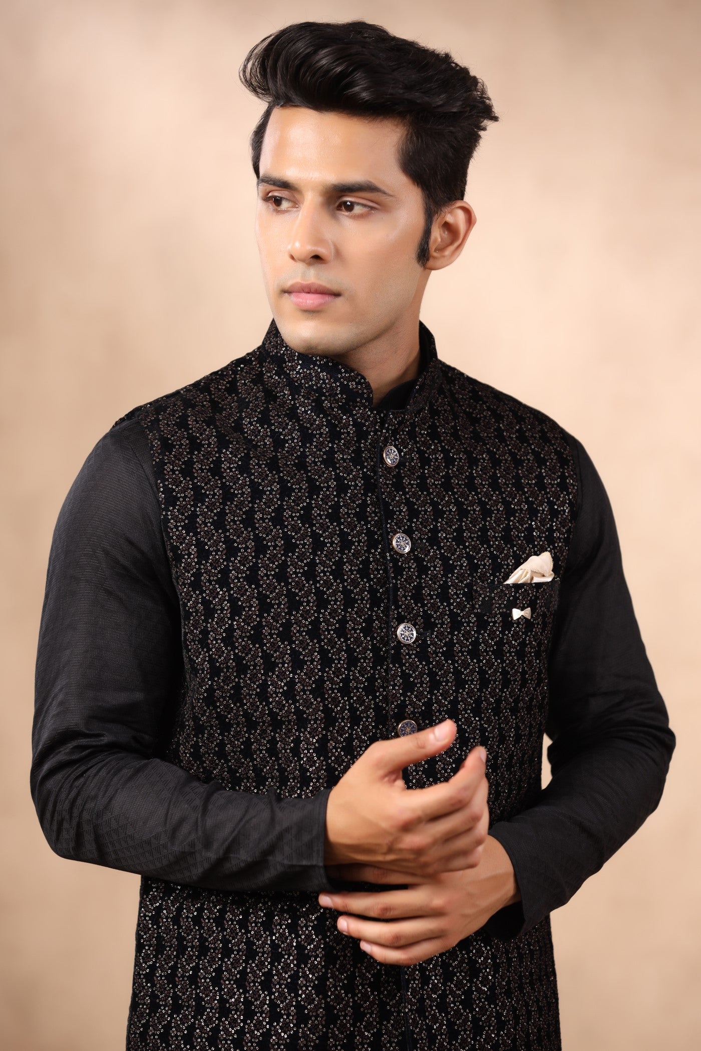 Brown Color Embroidered Velvet Waist Coat