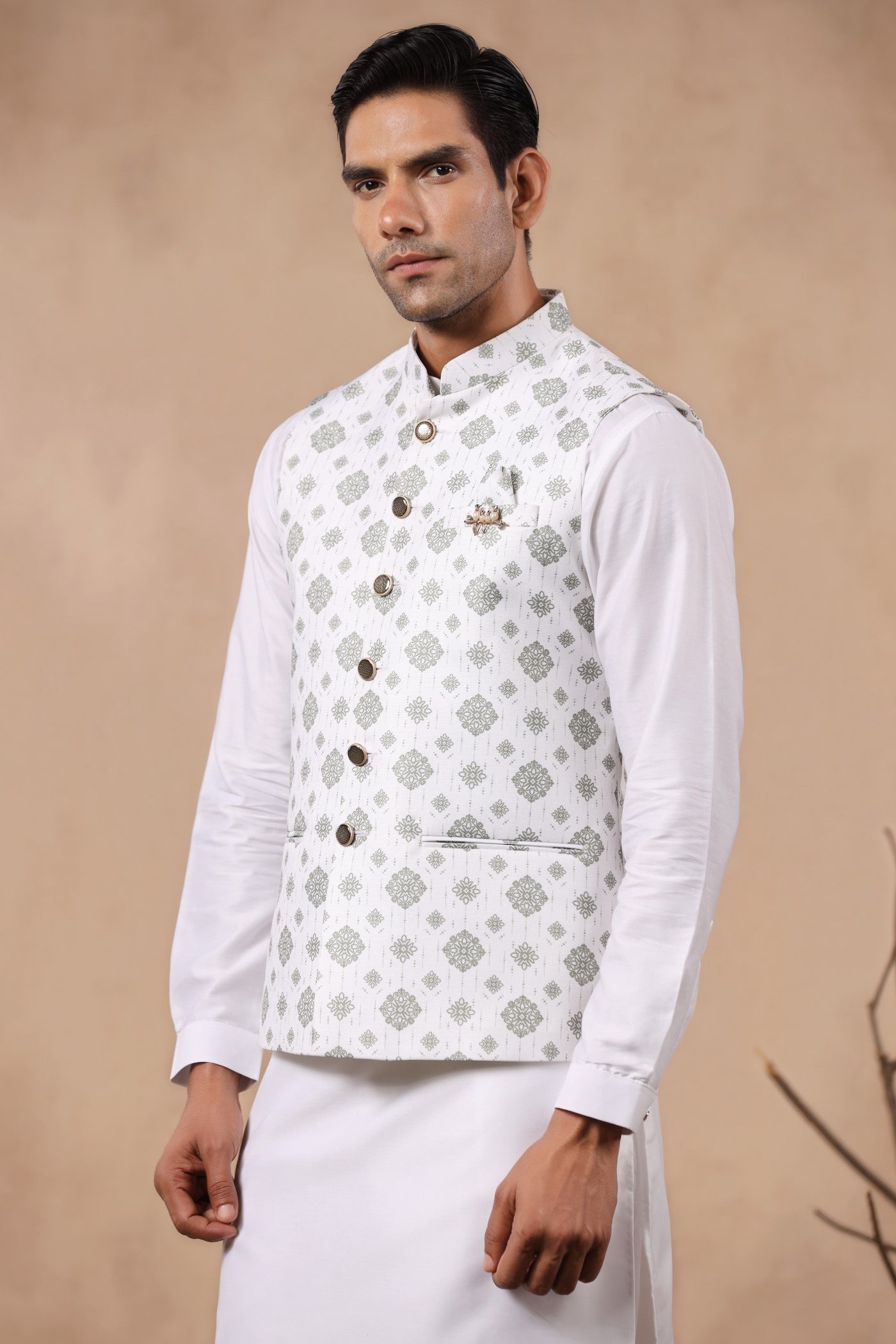 White Green Color Waist Coat For Men