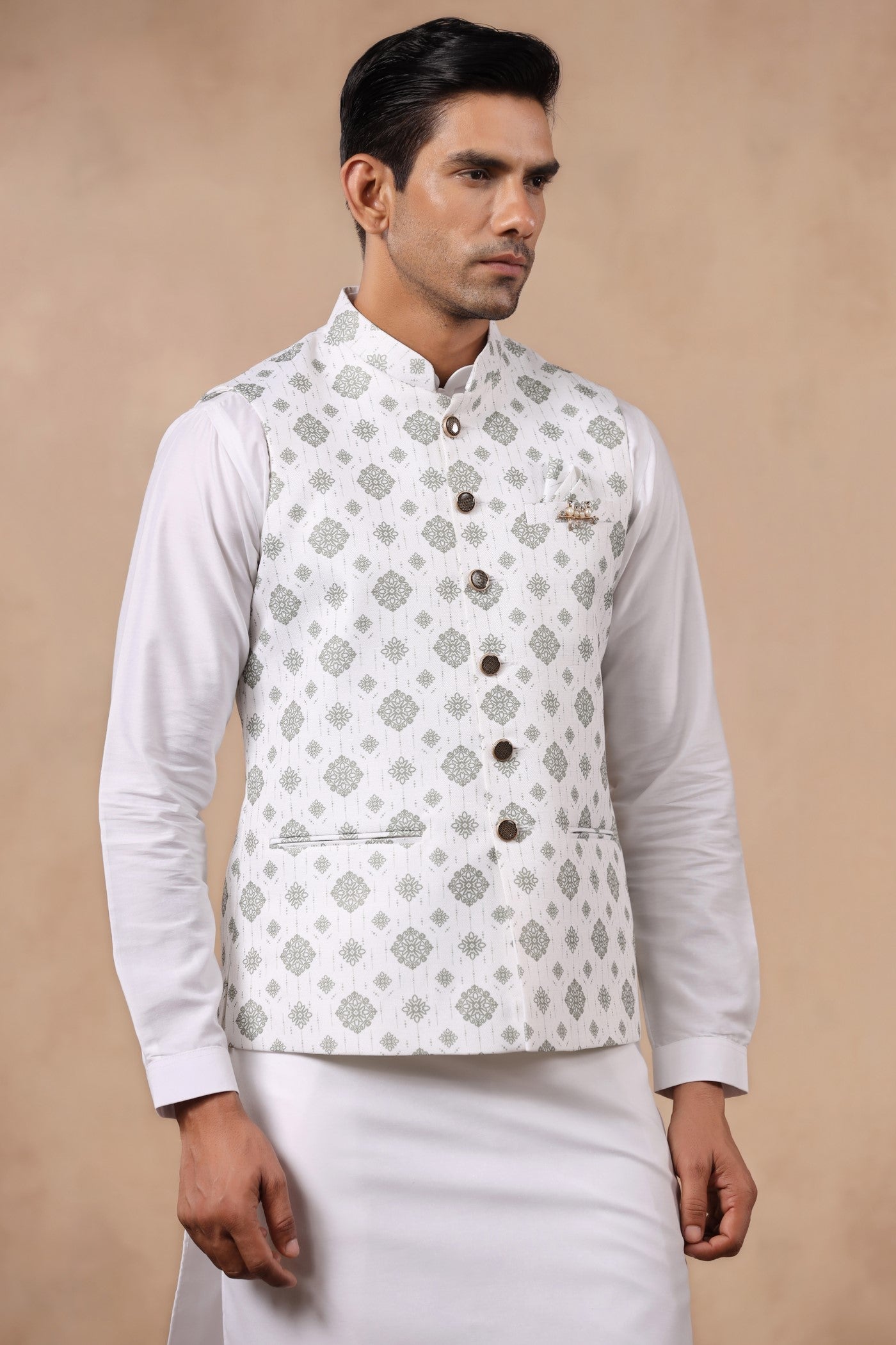 White Green Color Waist Coat For Men