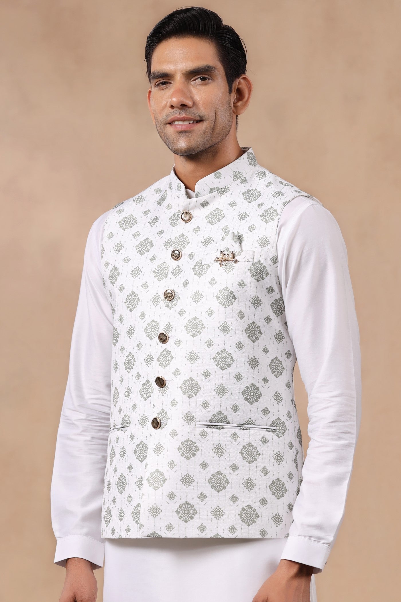White Green Color Waist Coat For Men