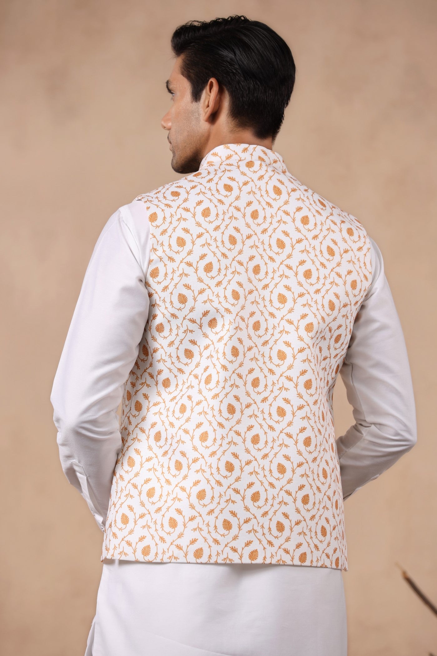 White Mustard Print Waist Coat For Men