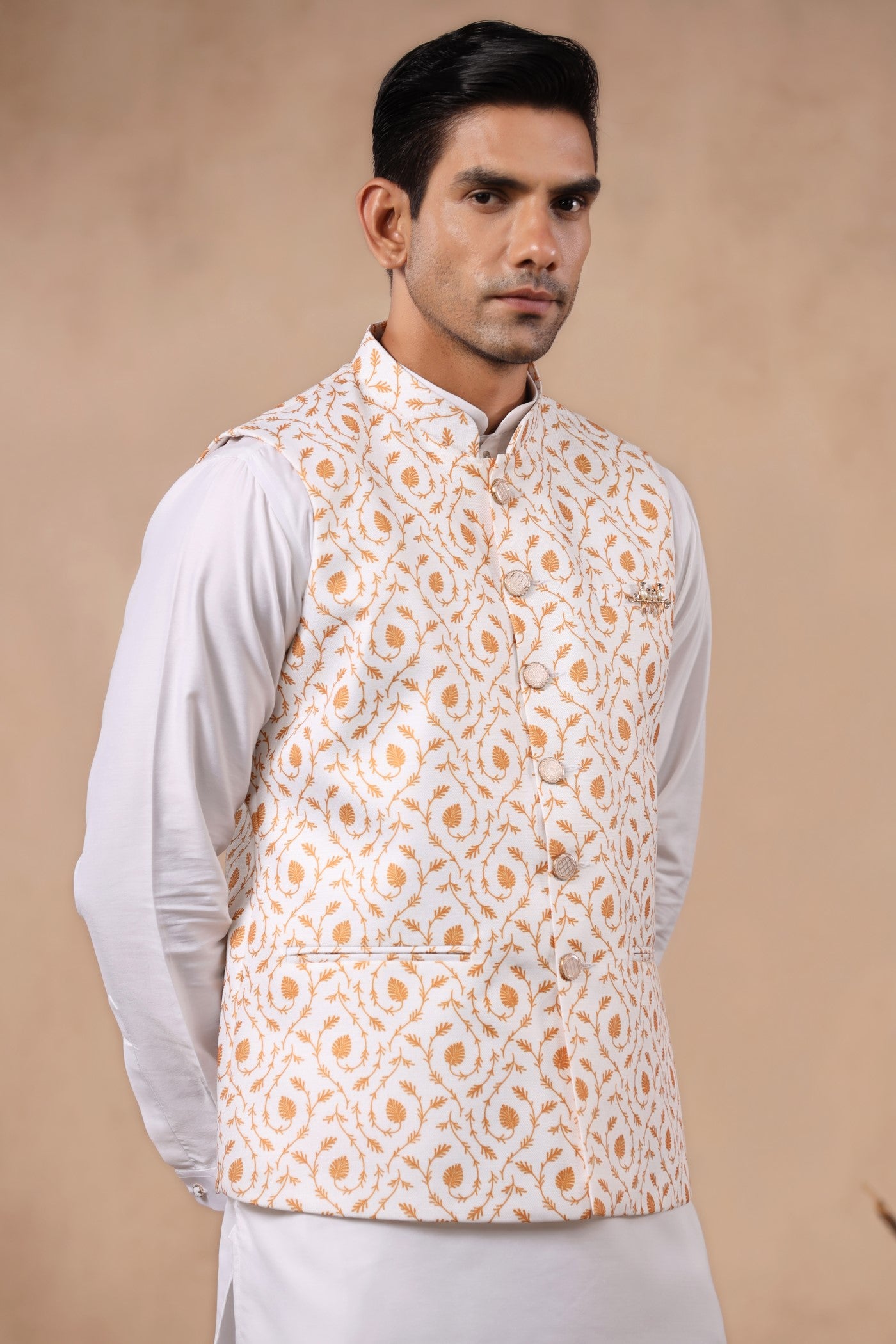 White Mustard Print Waist Coat For Men