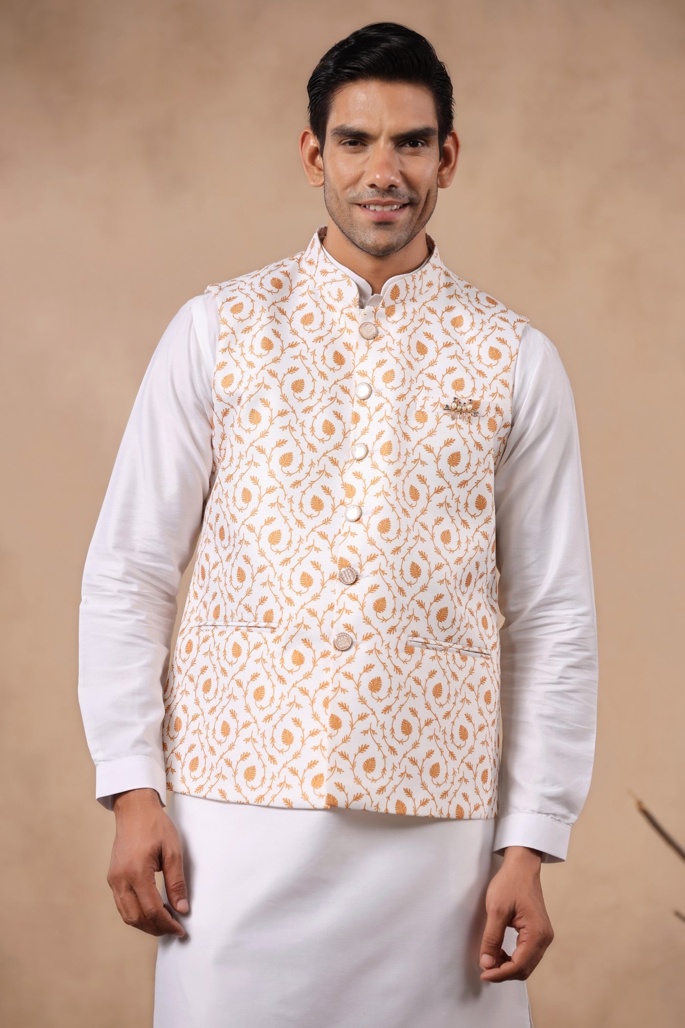 White Mustard Print Waist Coat For Men