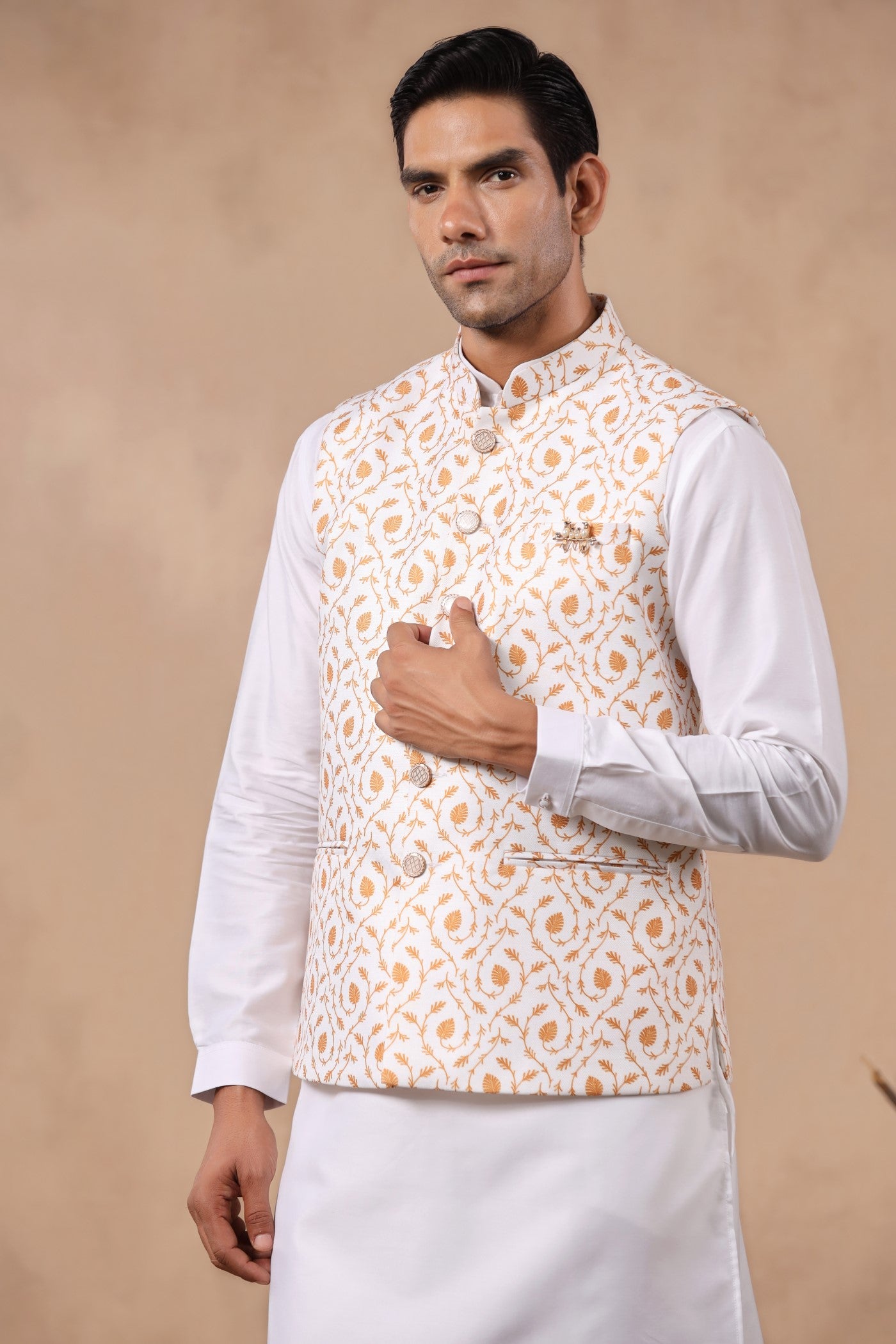 White Mustard Print Waist Coat For Men