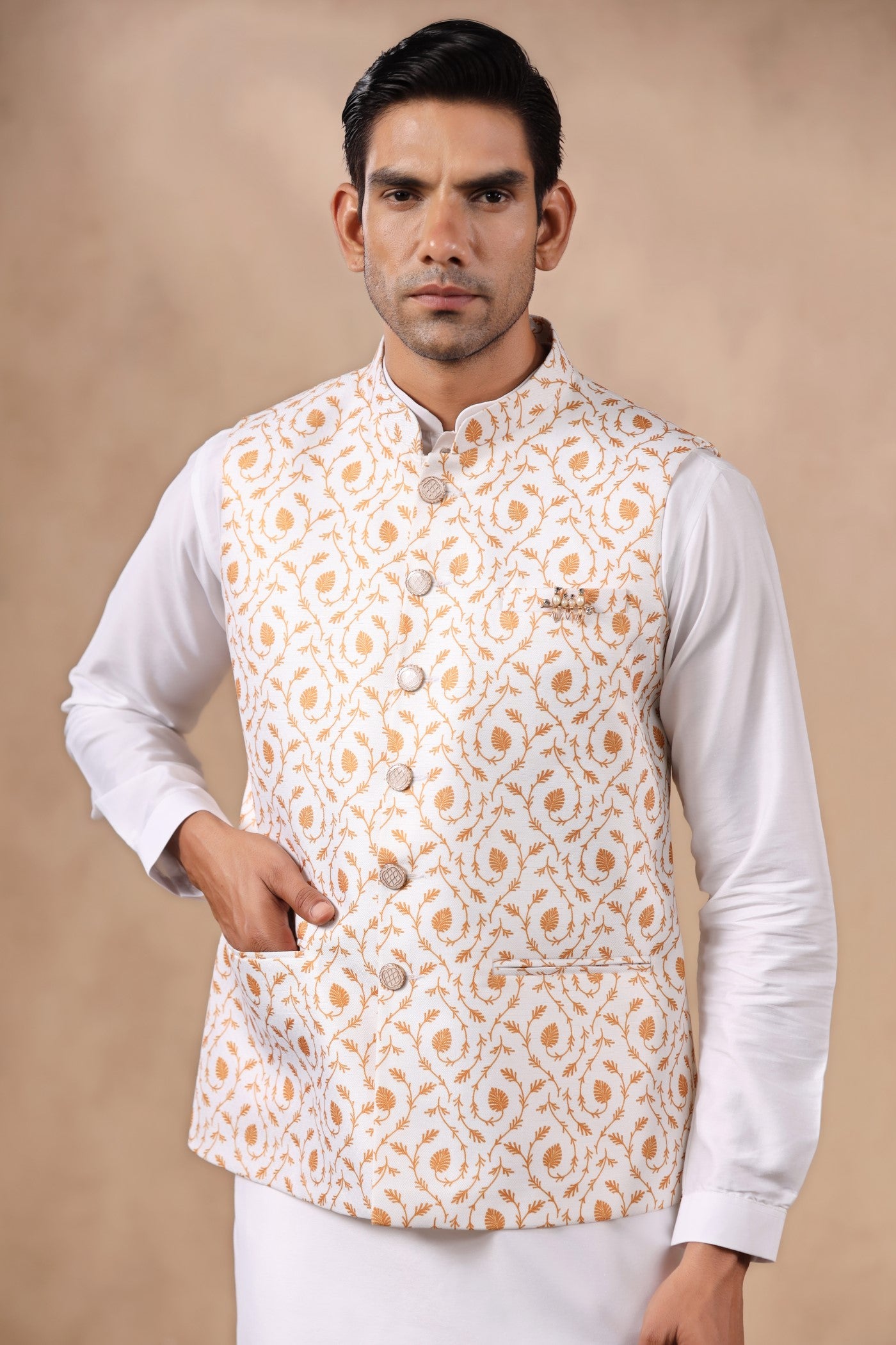 White Mustard Print Waist Coat For Men