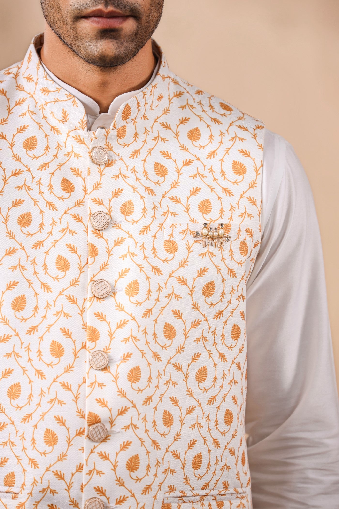 White Mustard Print Waist Coat For Men