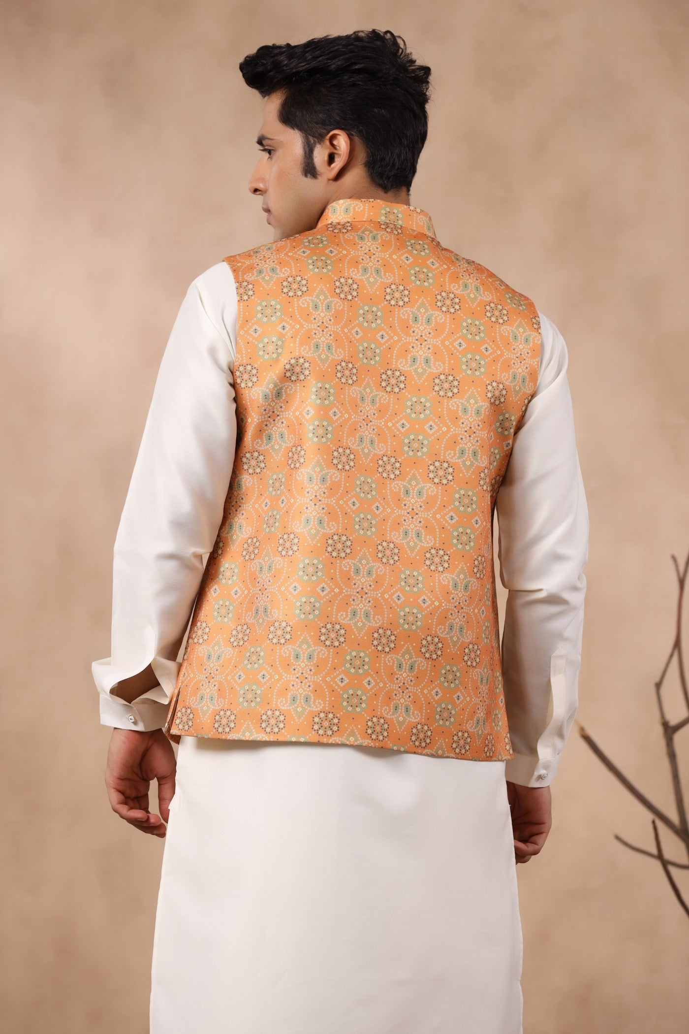 Mustard Color Print Waist Coat For Men