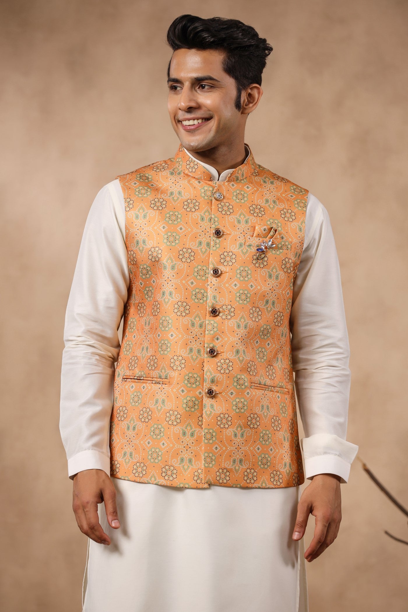 Mustard Color Print Waist Coat For Men