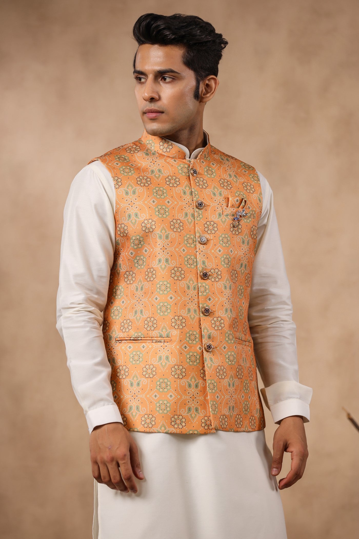 Mustard Color Print Waist Coat For Men