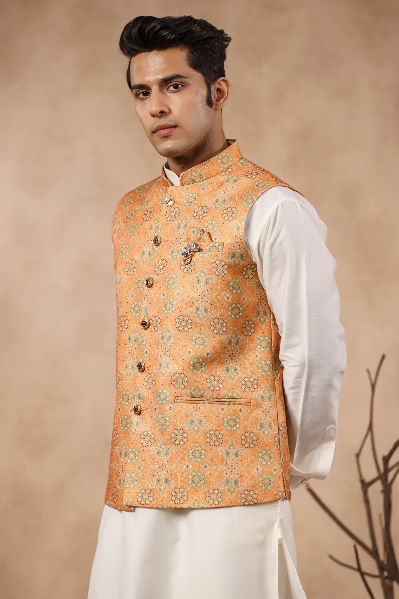 Mustard Color Print Waist Coat For Men