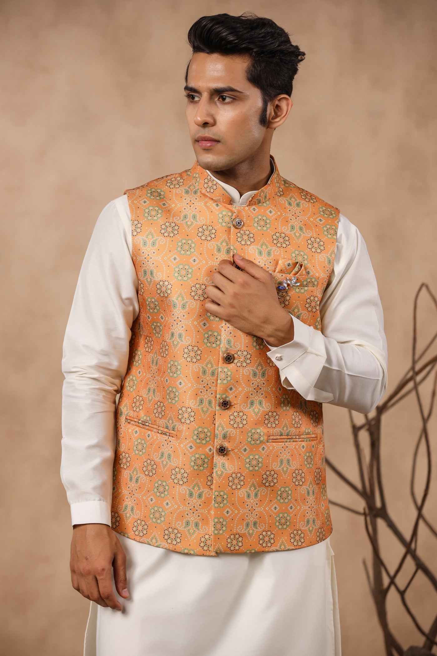 Mustard Color Print Waist Coat For Men
